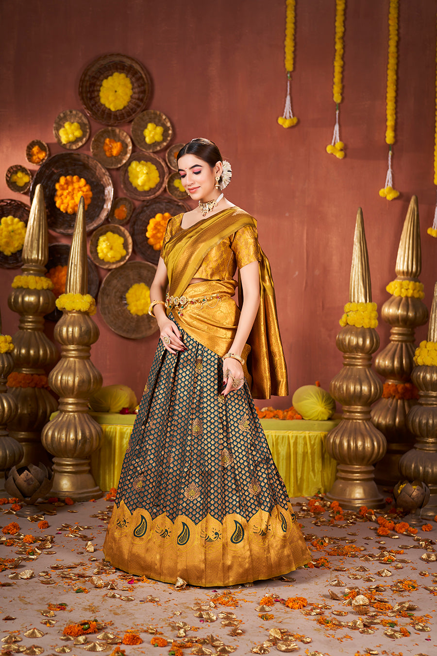 Teal & Mustard Banarasi Silk Half Saree Lehenga Choli