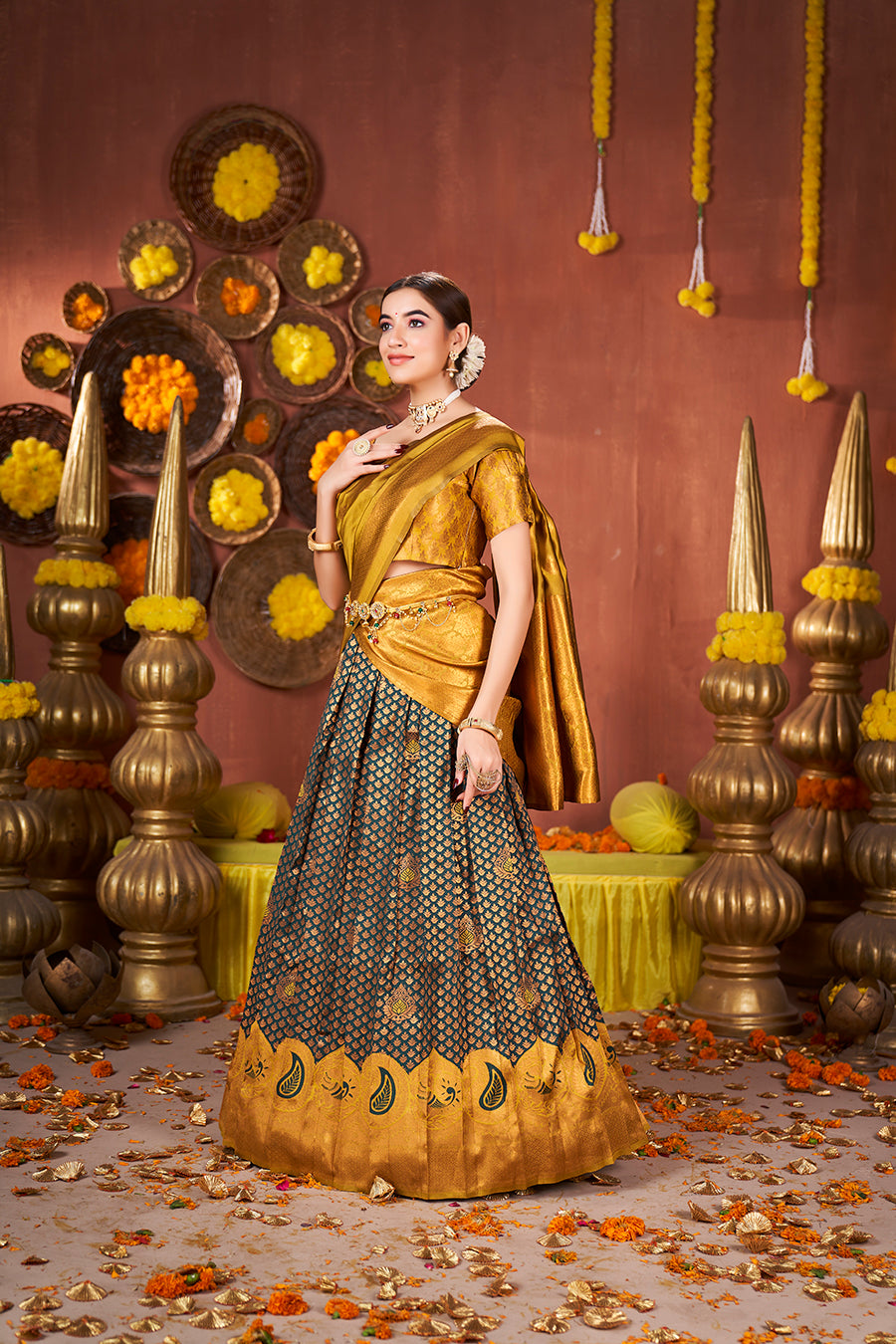 Teal & Mustard Banarasi Silk Half Saree Lehenga Choli