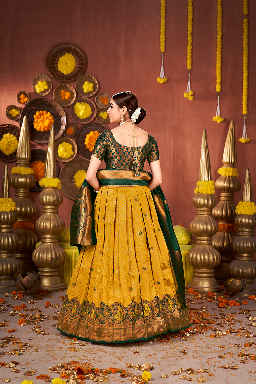 Mustard & Bottle Green Banarasi Silk Half Saree Lehenga Choli