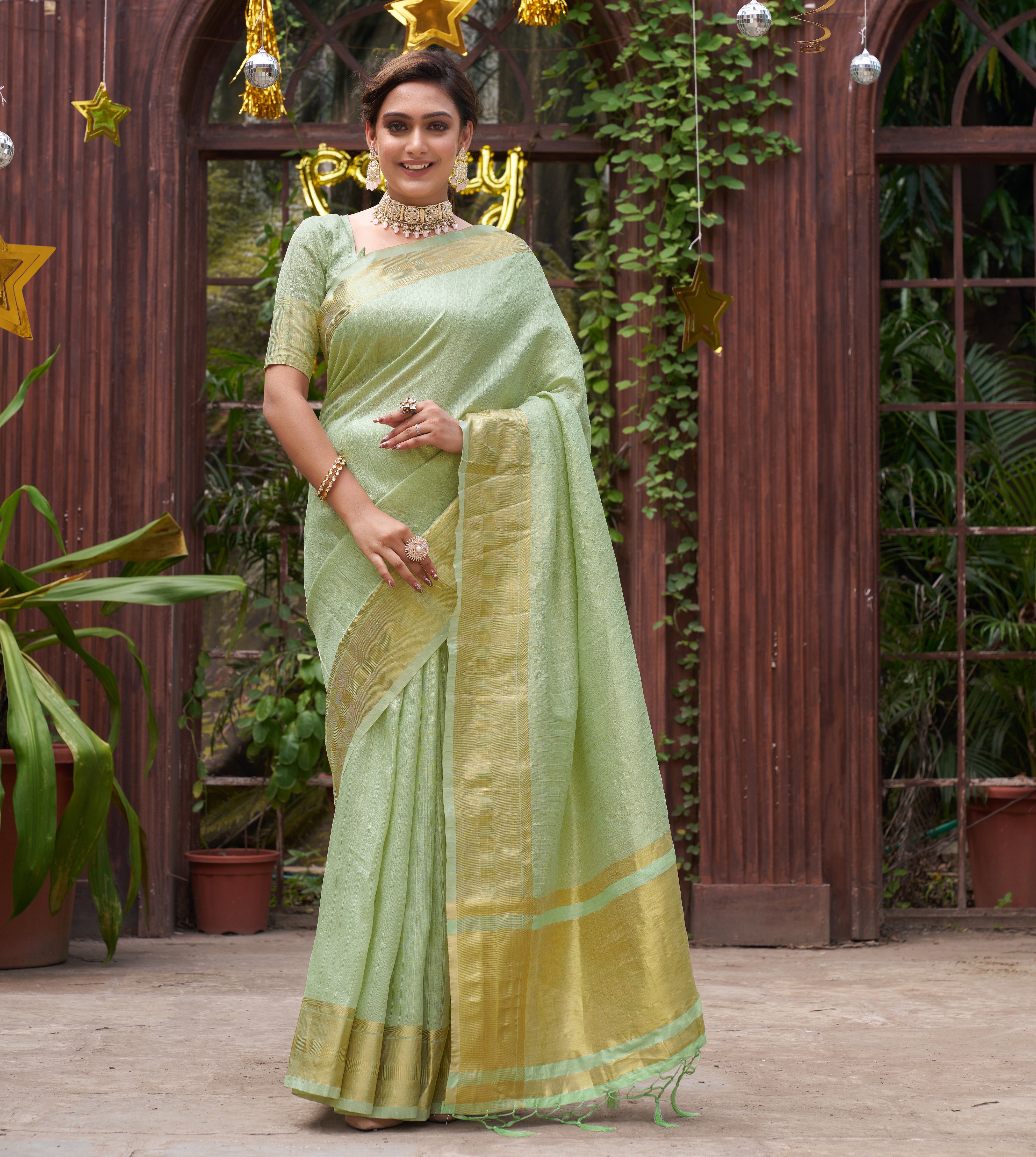 Bansari Mishri Pista Green Couple set Saree with Kurta