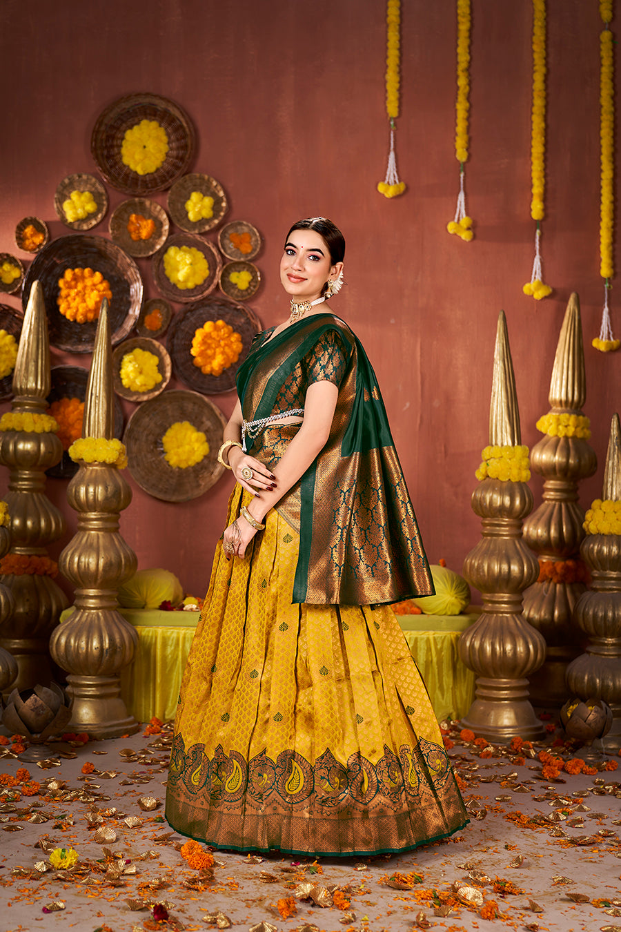 Mustard & Bottle Green Banarasi Silk Half Saree Lehenga Choli