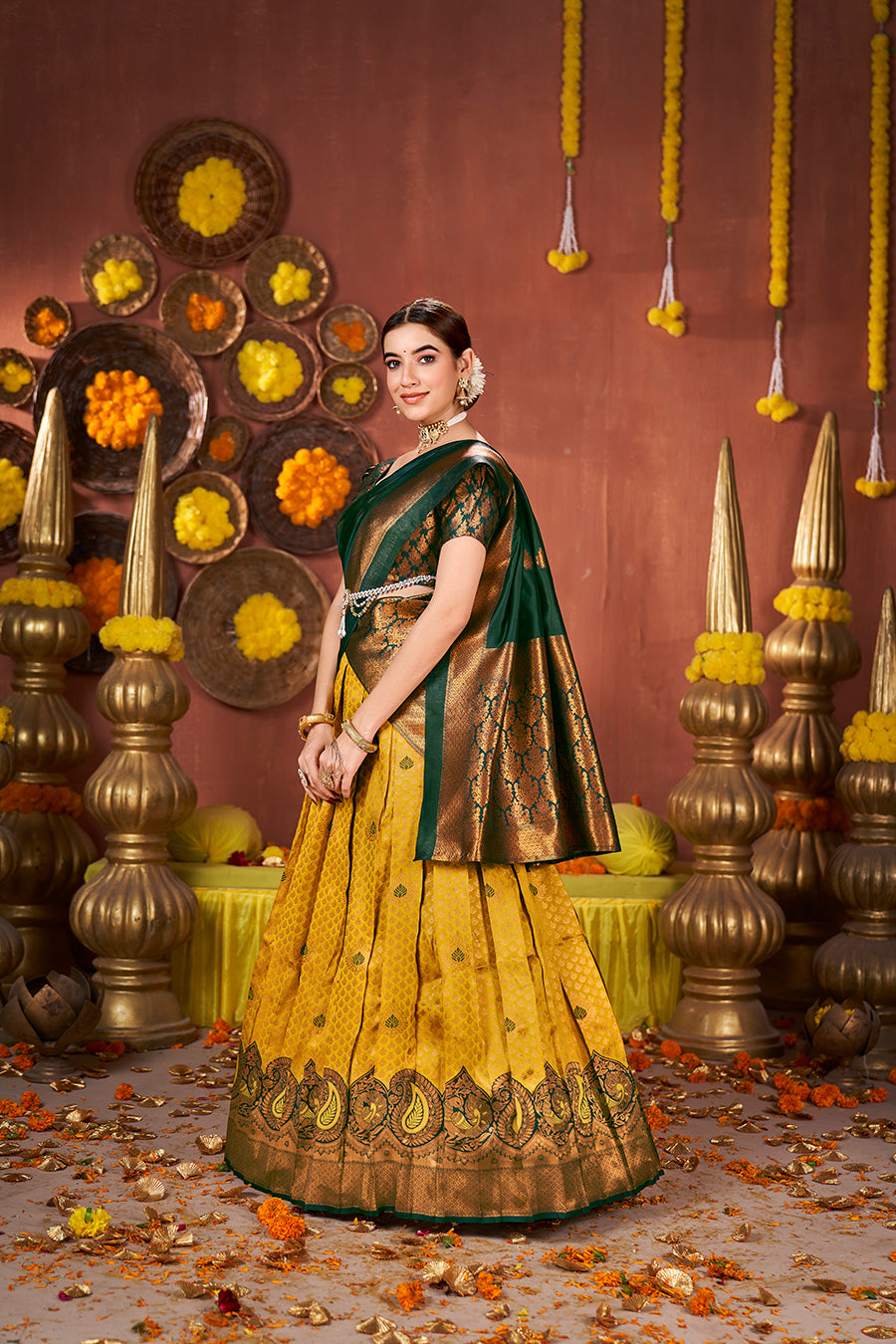 Mustard & Bottle Green Banarasi Silk Half Saree Lehenga Choli