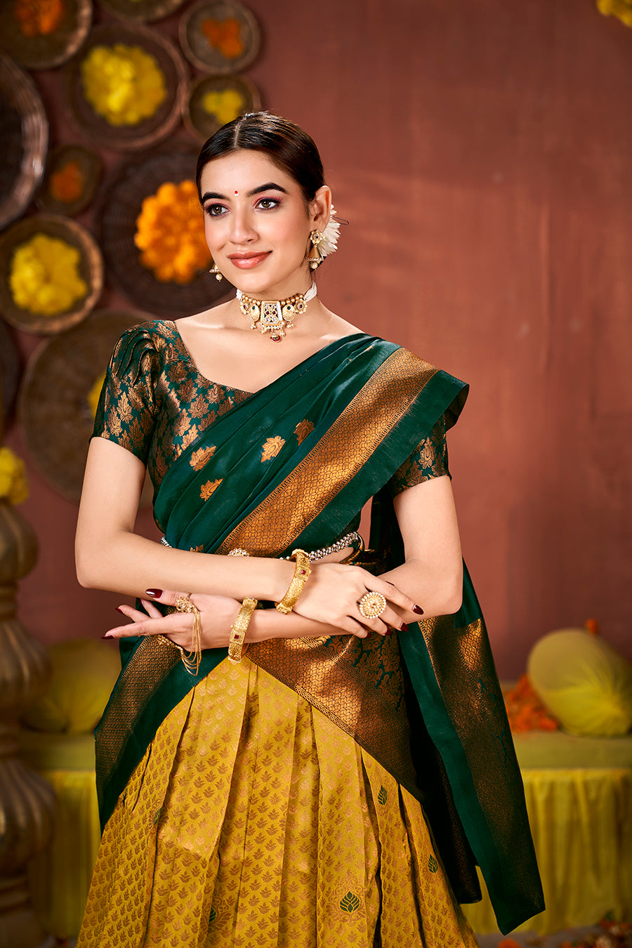 Mustard & Bottle Green Banarasi Silk Half Saree Lehenga Choli