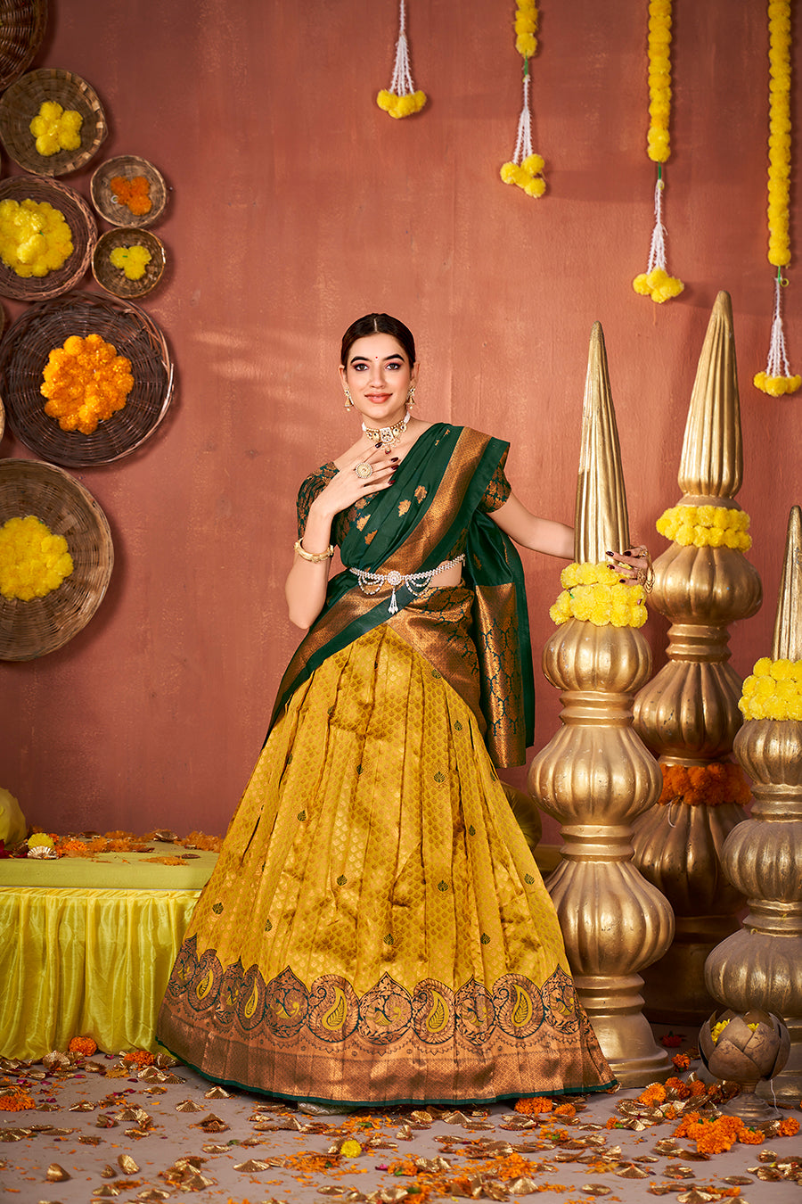 Mustard & Bottle Green Banarasi Silk Half Saree Lehenga Choli