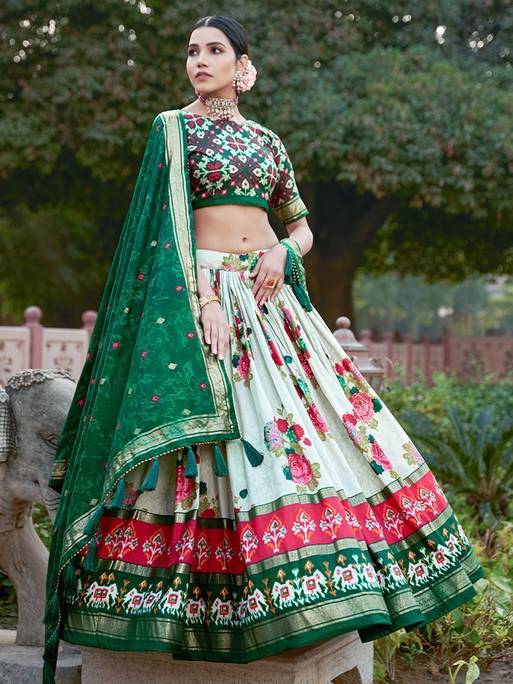 White & Green Flower Printed Tussar Silk Lehenga Choli For Garba