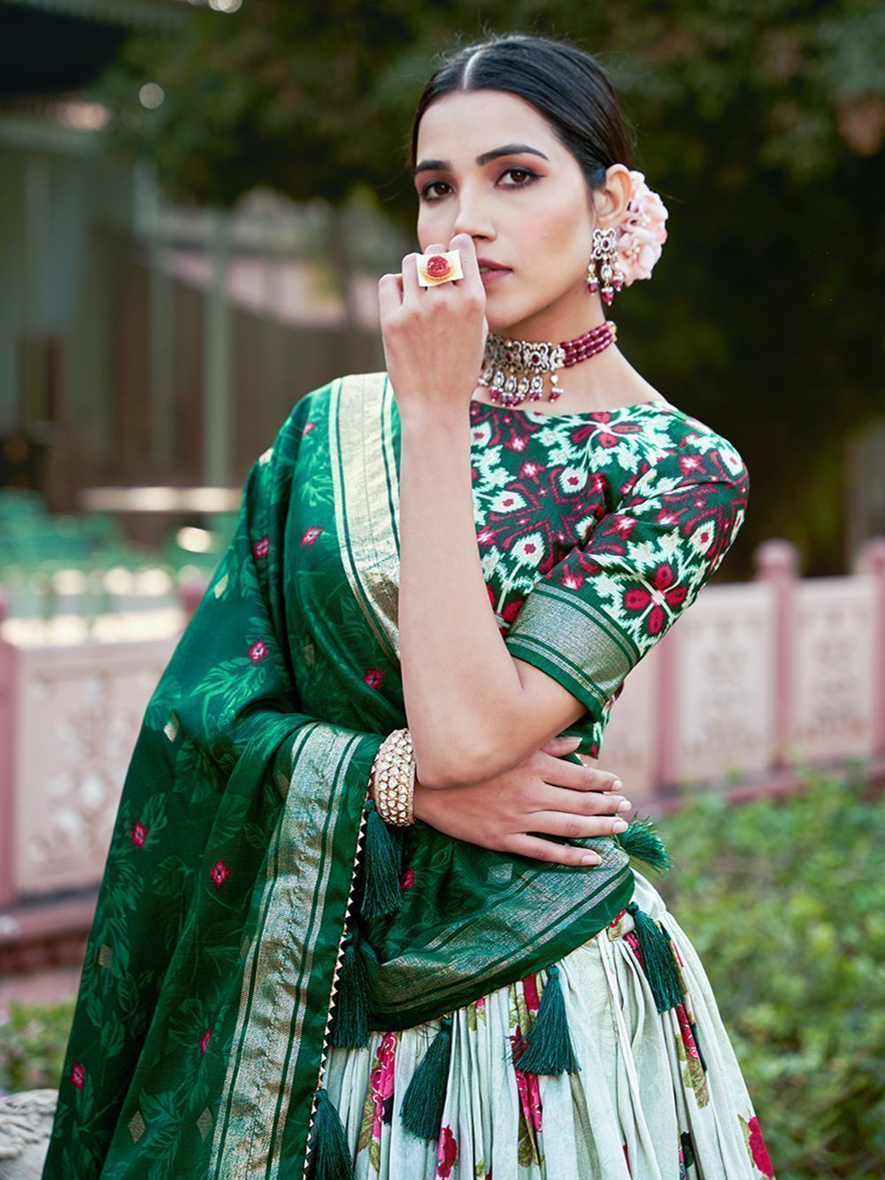 White & Green Flower Printed Tussar Silk Lehenga Choli For Garba