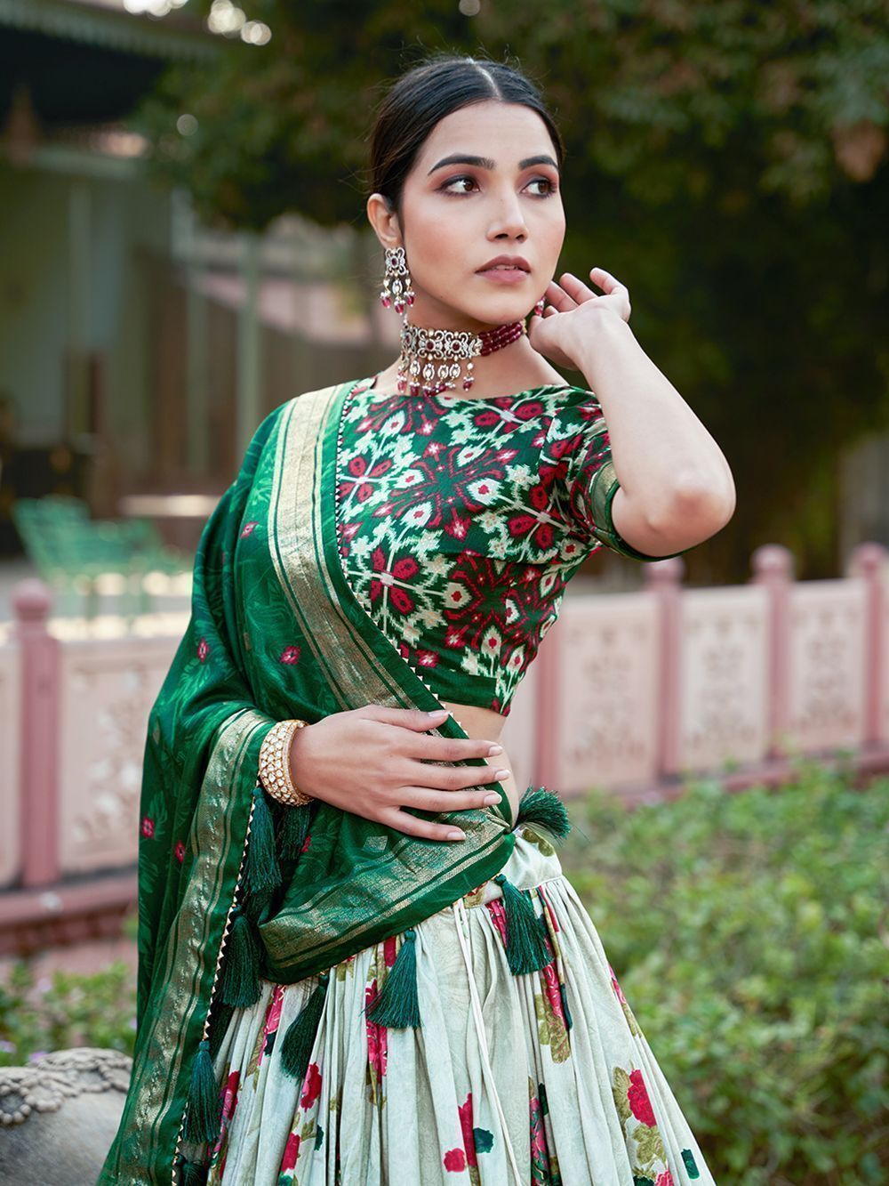 White & Green Flower Printed Tussar Silk Lehenga Choli For Garba