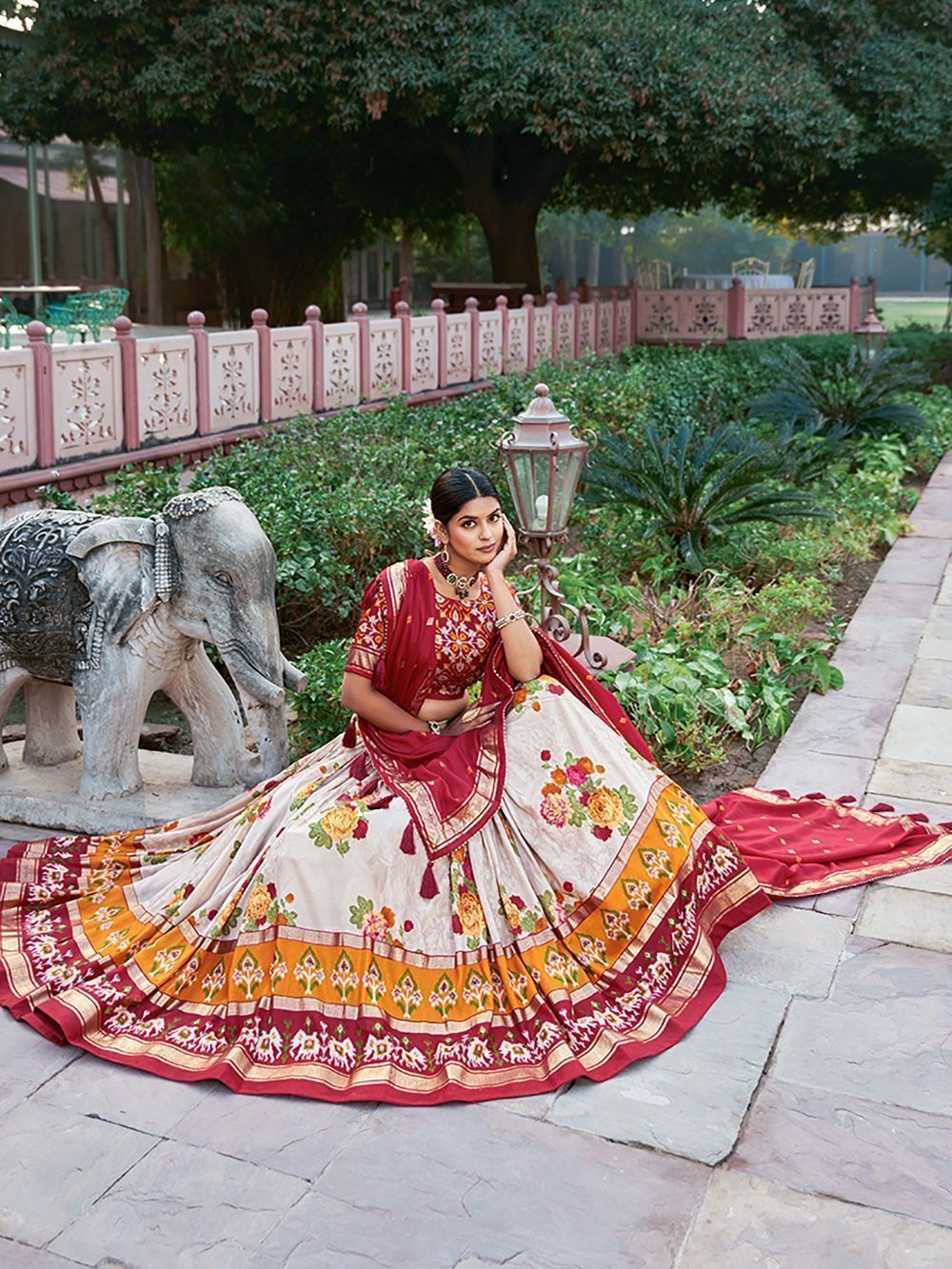 White & Red Flower Printed Tussar Silk Lehenga Choli For Garba