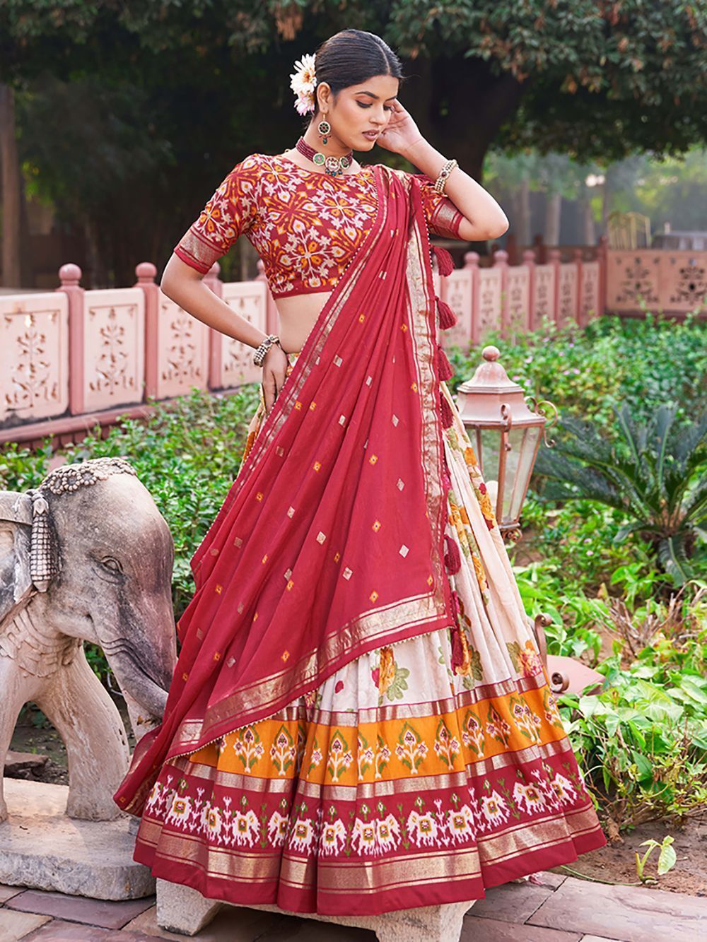 White & Red Flower Printed Tussar Silk Lehenga Choli For Garba