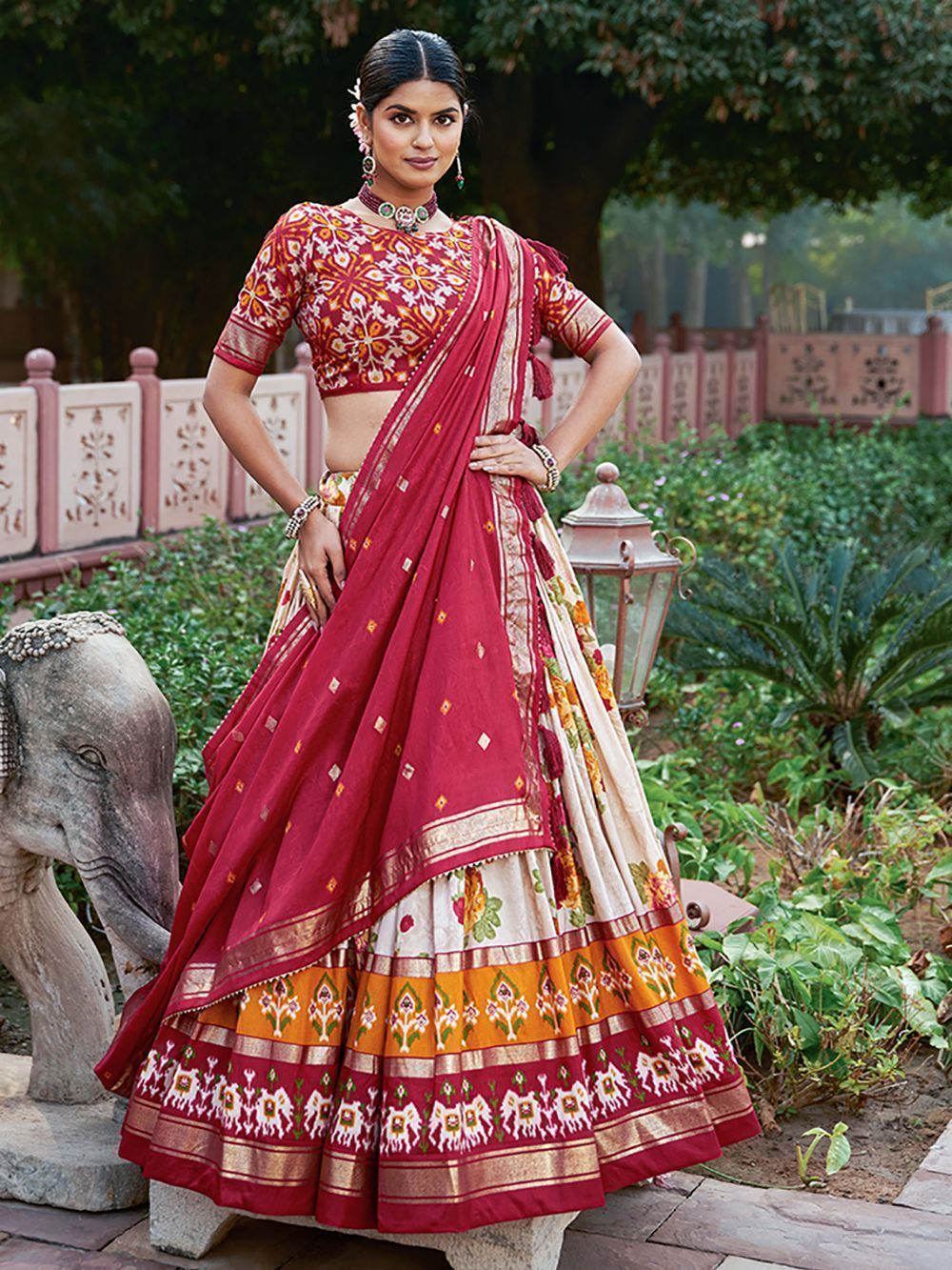 White & Red Flower Printed Tussar Silk Lehenga Choli For Garba