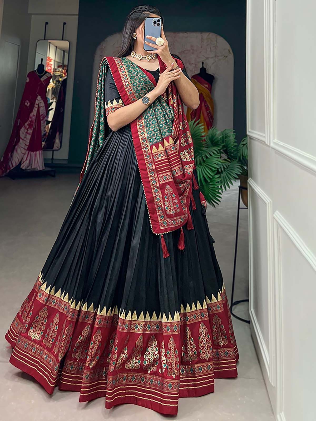 Black & Red Patola Printed Silk Garba Special Lehenga Choli