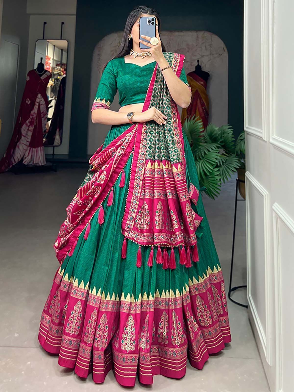 Green & Pink Patola Printed Silk Garba Special Lehenga Choli