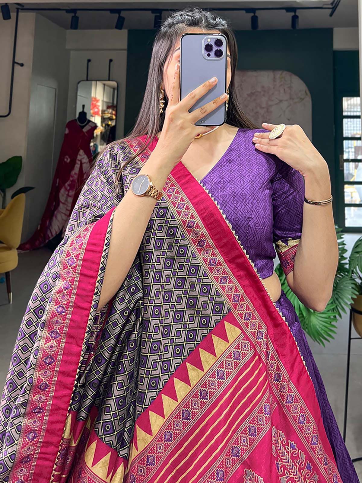 Purple Printed Silk Garba Special Chaniya Choli