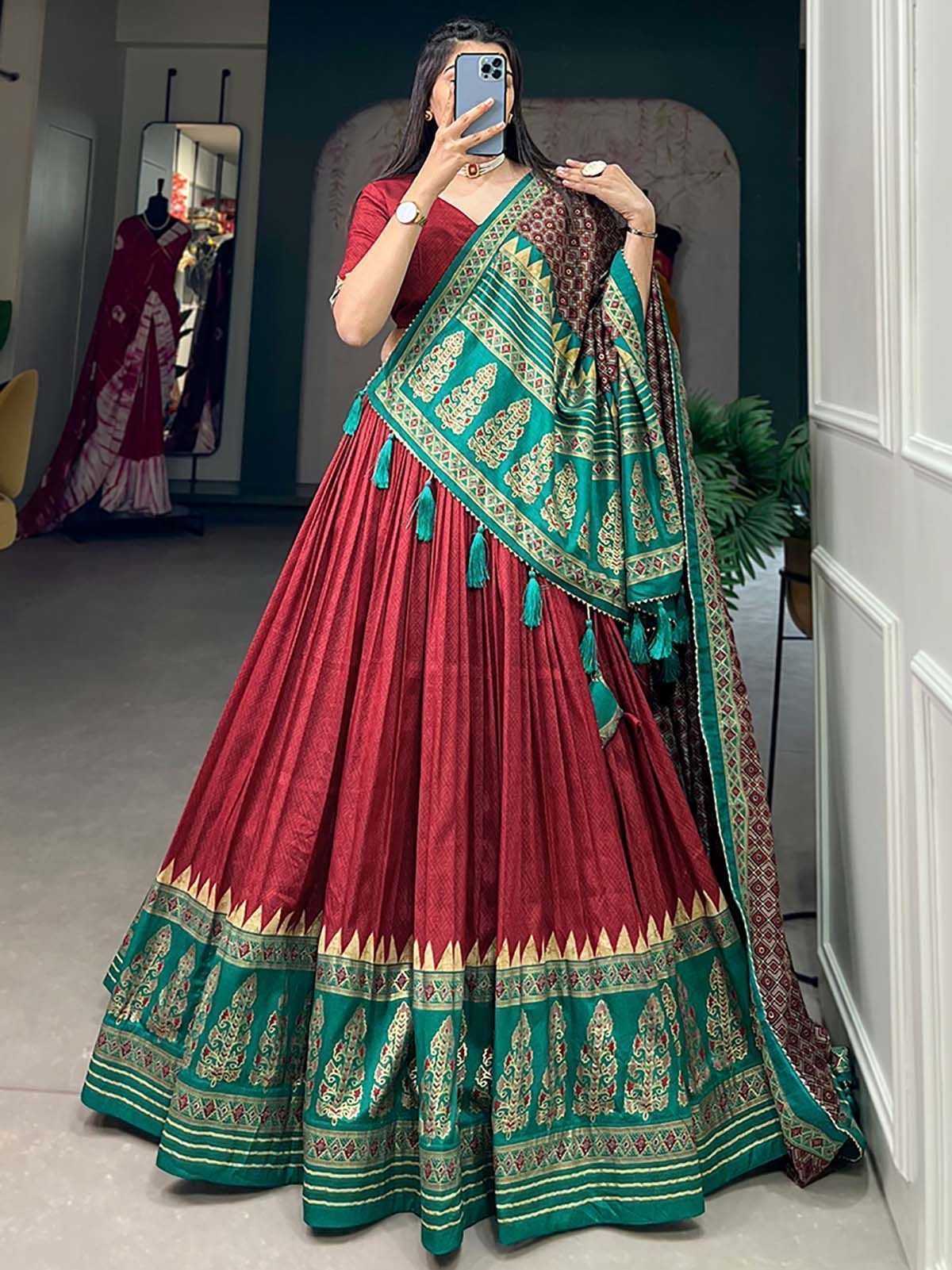 Red & Green Patola Printed Silk Garba Special Lehenga Choli