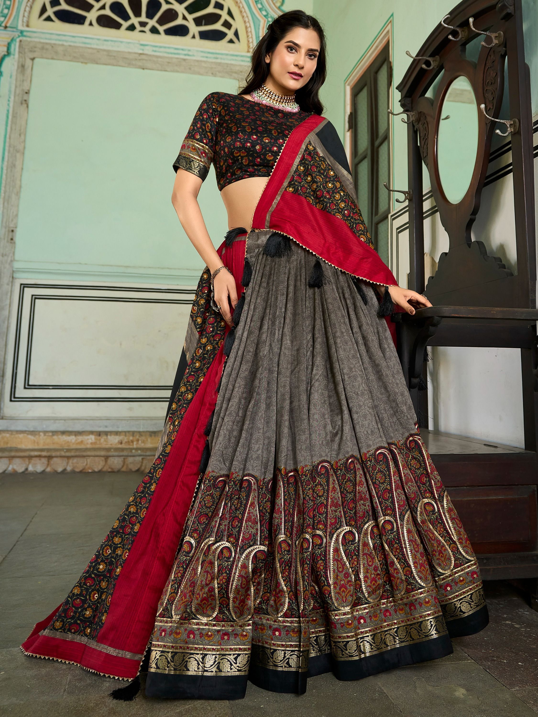 Grey Foil Printed Silk Lehenga Choli For Garba