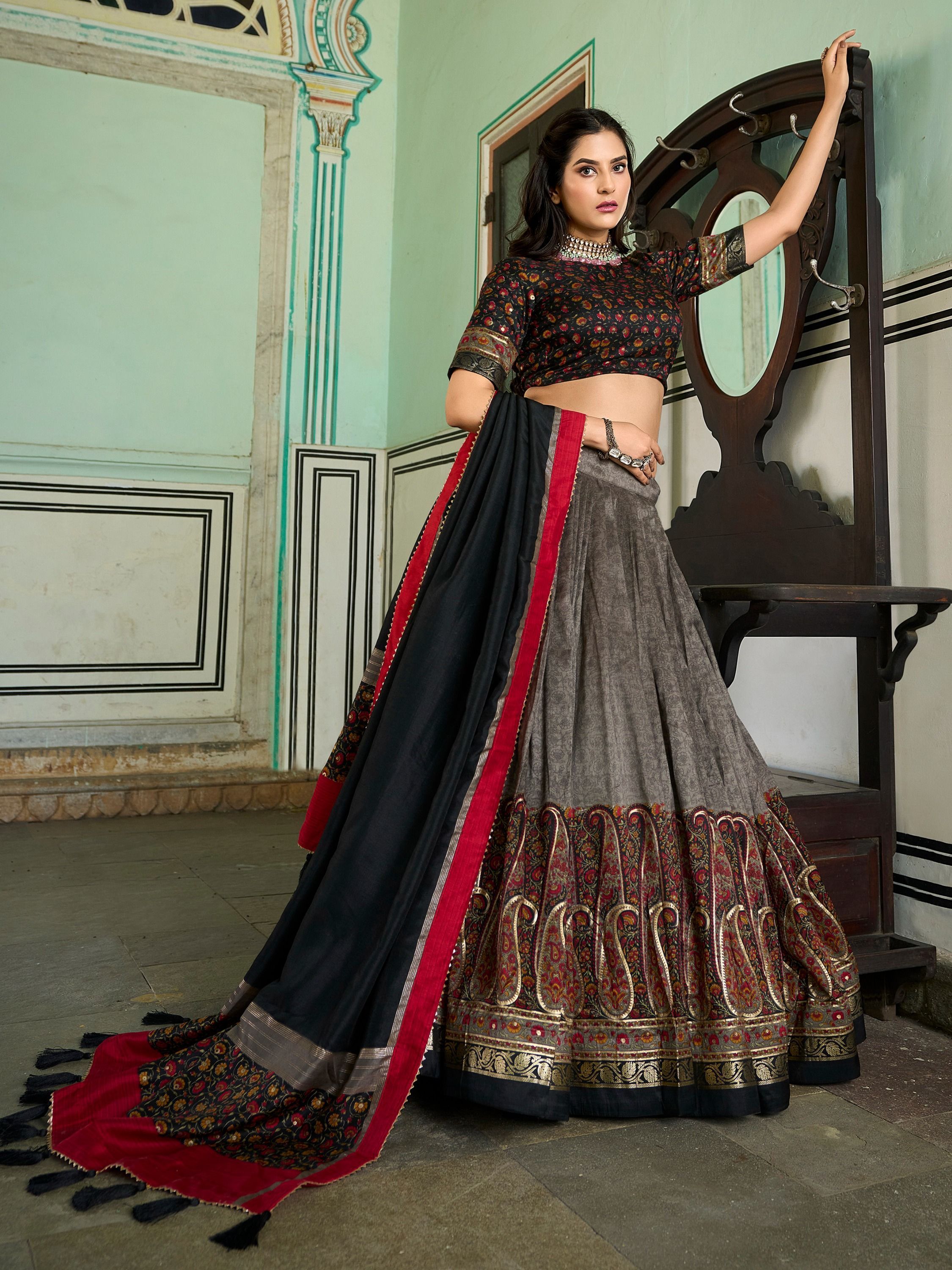 Grey Foil Printed Silk Lehenga Choli For Garba