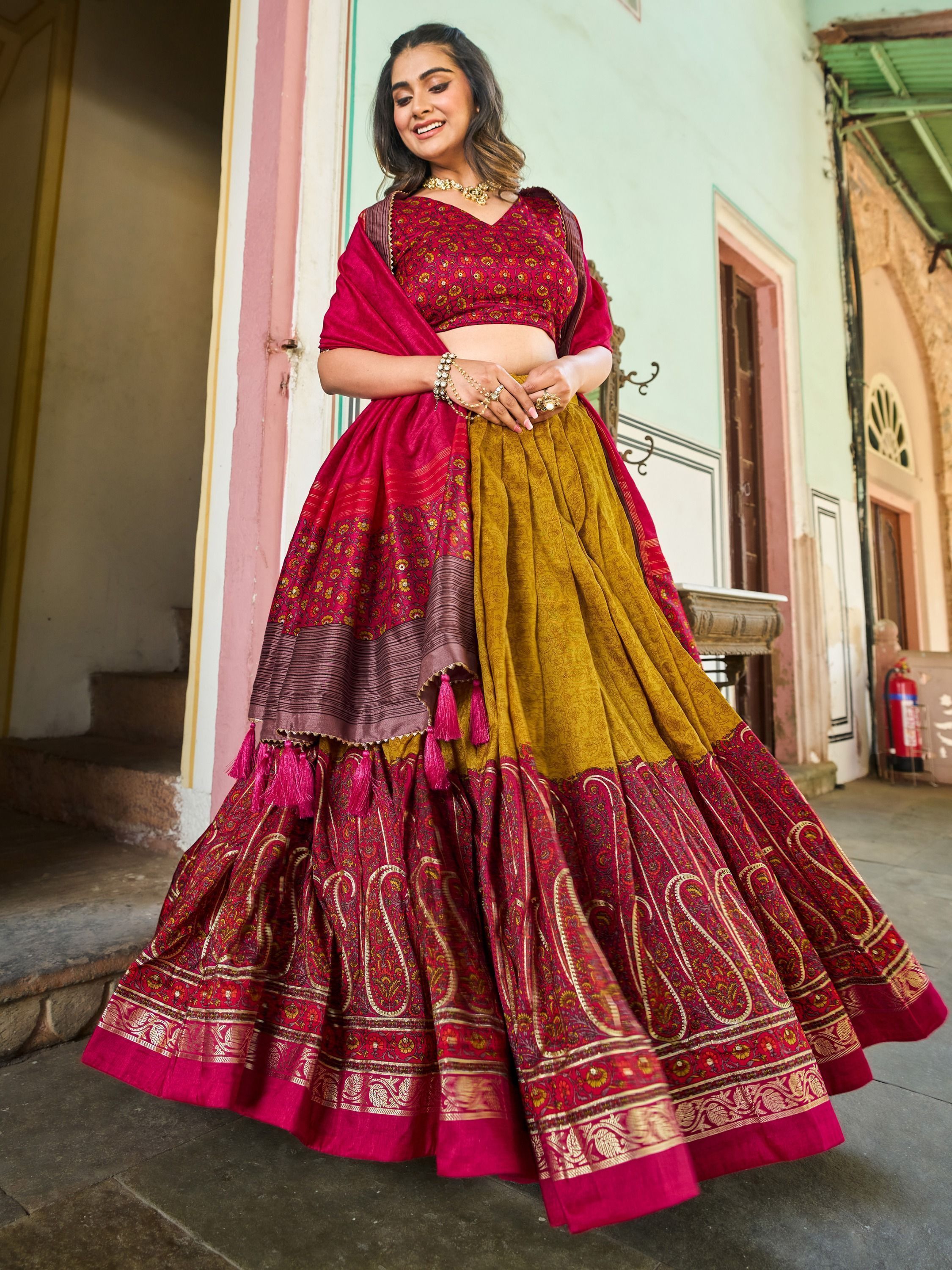 Mustard & Red Foil Printed Silk Lehenga Choli For Garba