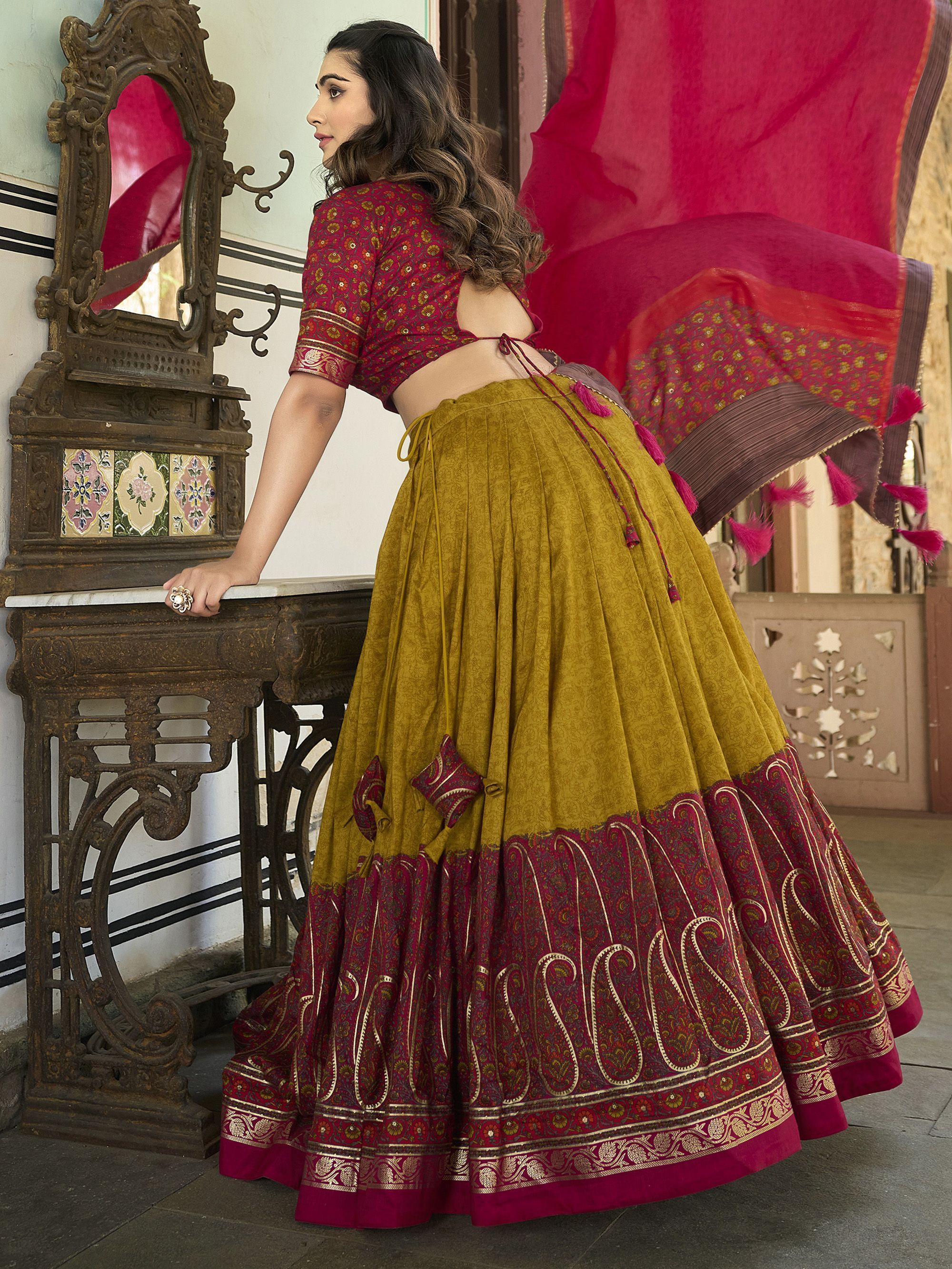 Mustard & Red Foil Printed Silk Lehenga Choli For Garba