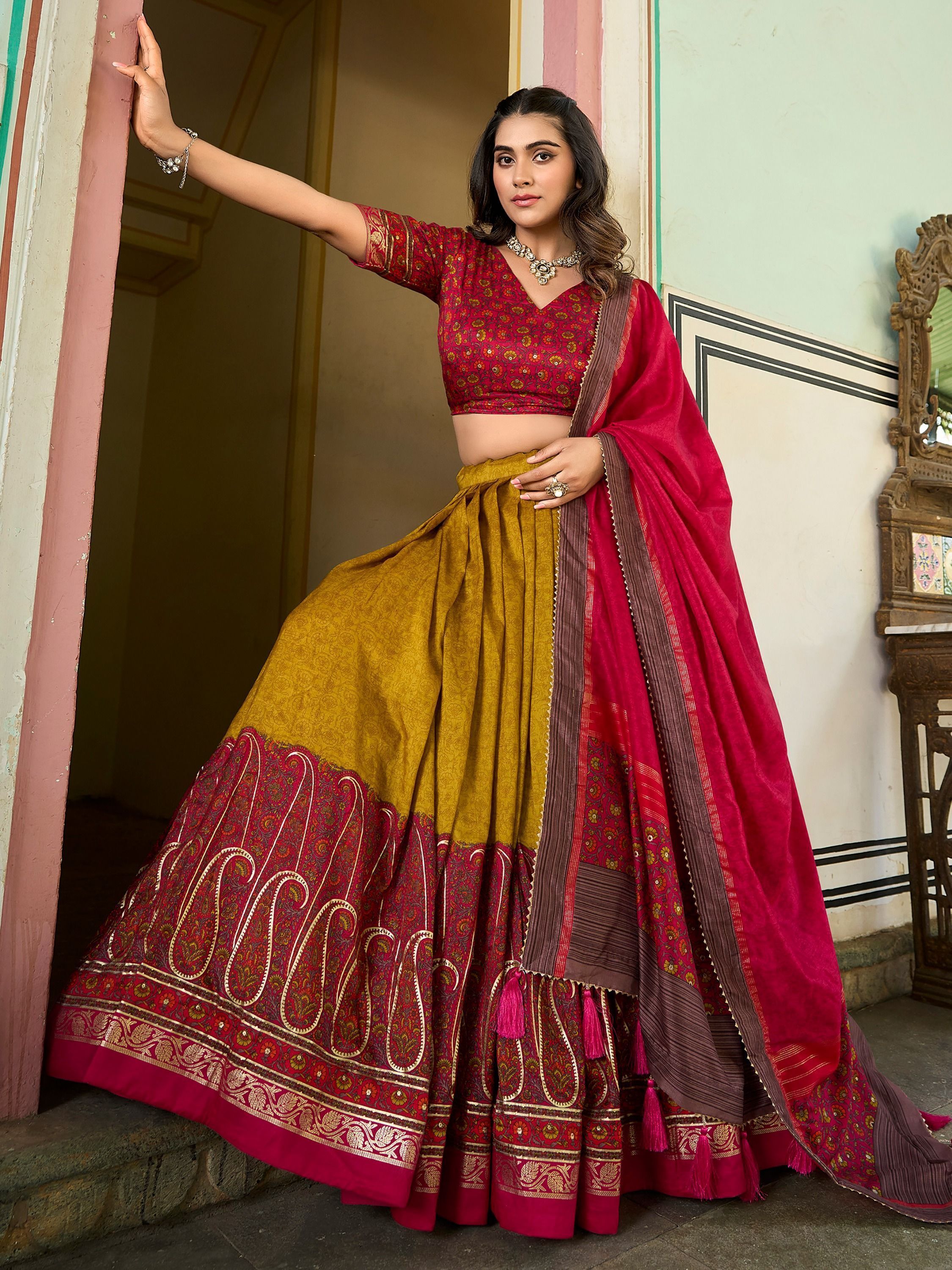 Mustard & Red Foil Printed Silk Lehenga Choli For Garba