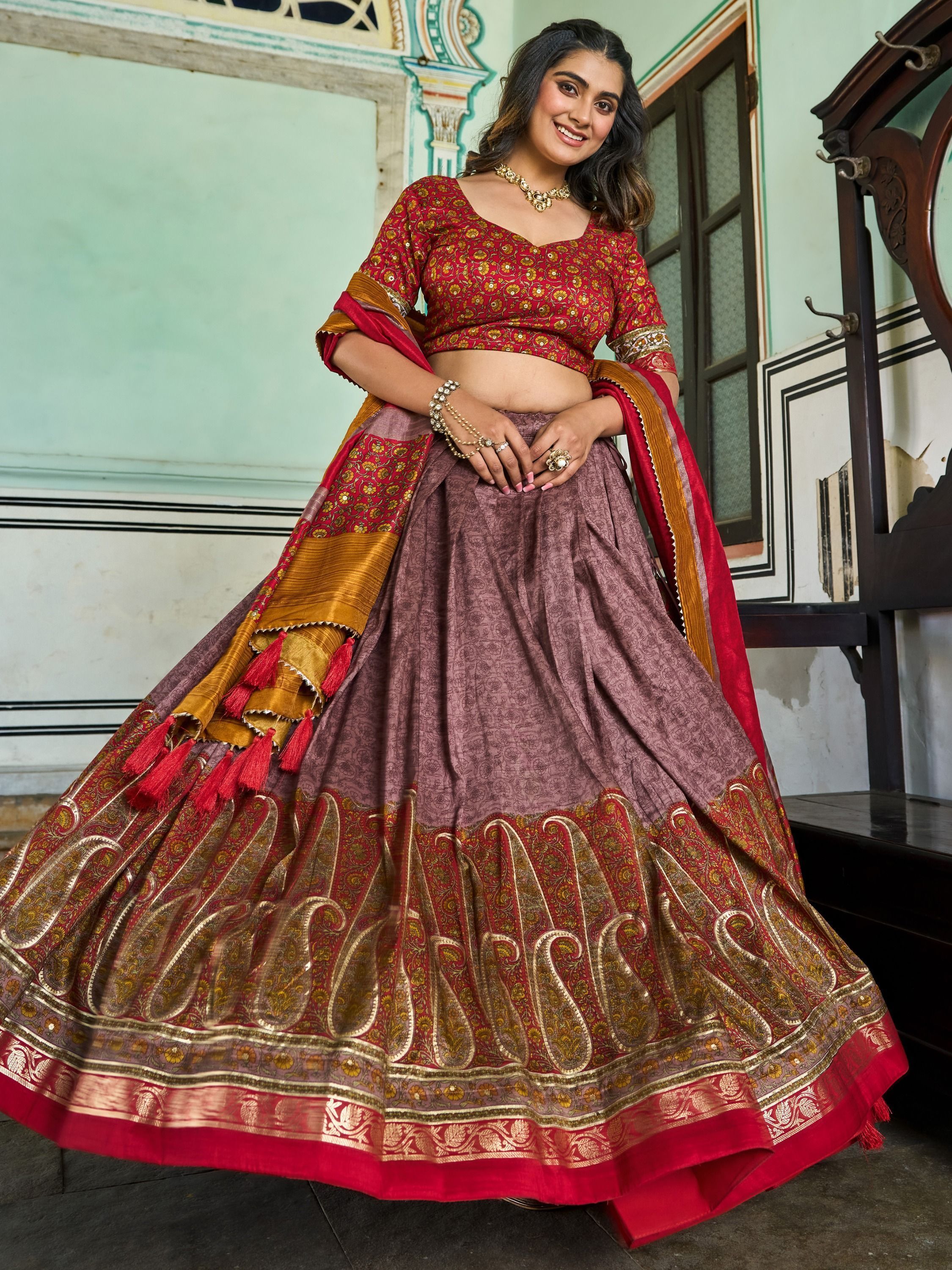 Mauve & Red Foil Printed Silk Lehenga Choli For Garba