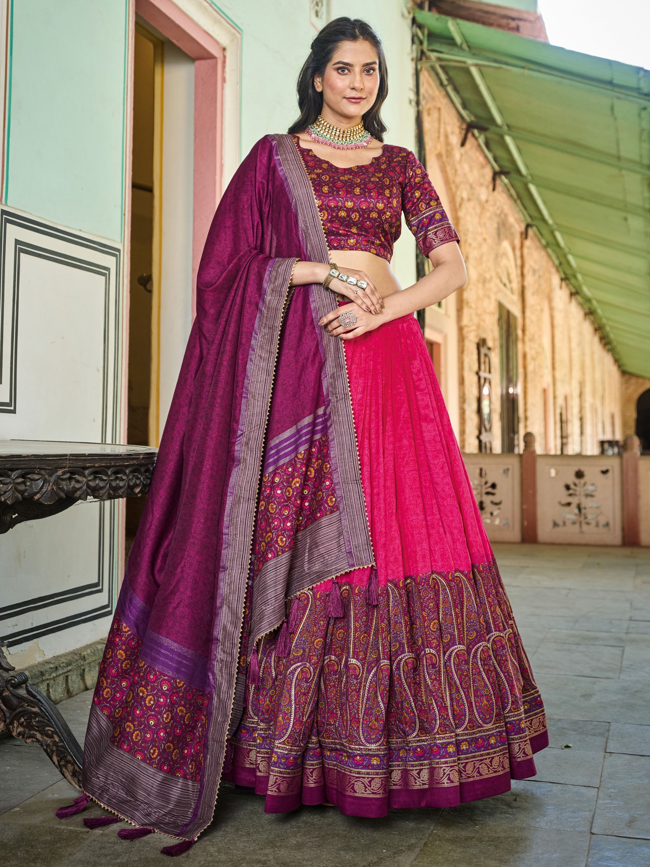 Pink & Purple Foil Printed Silk Lehenga Choli For Garba