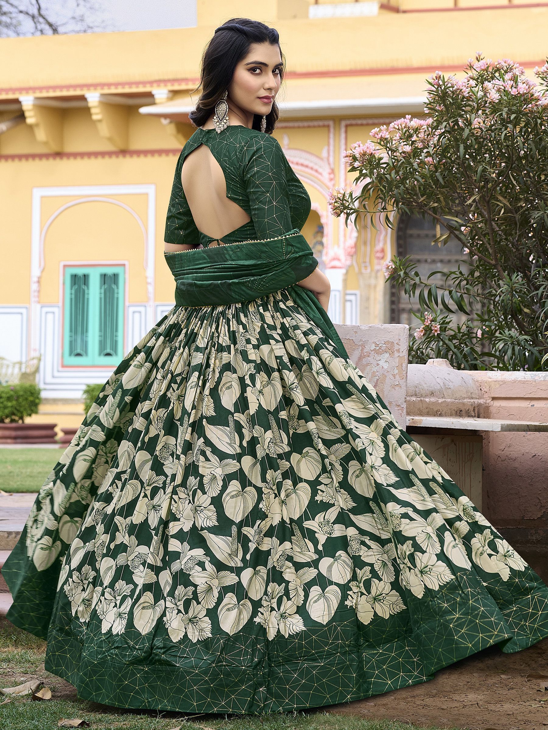 Green Festive Wear Foil Printed Tussar Silk Lehenga Choli