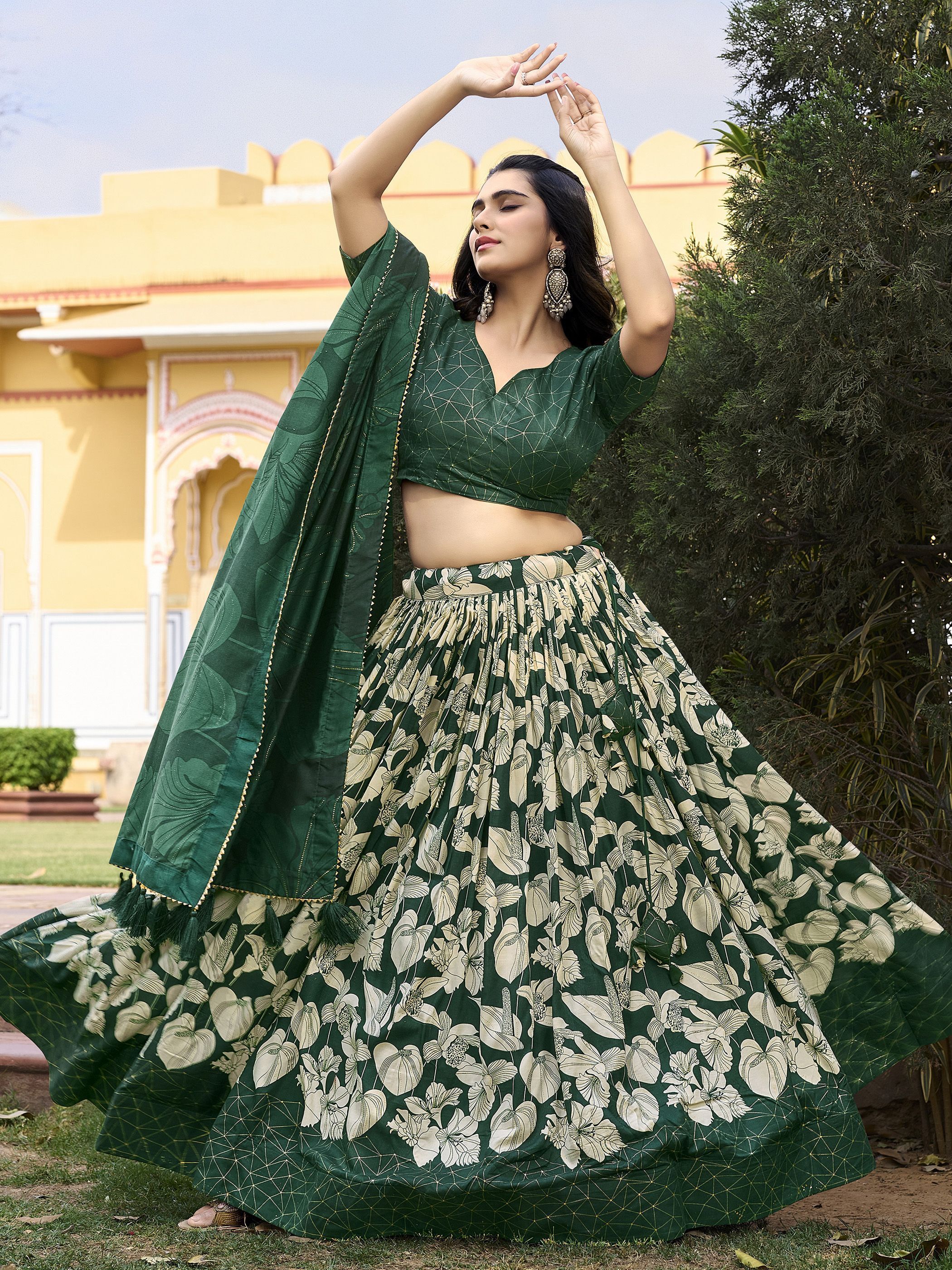 Green Festive Wear Foil Printed Tussar Silk Lehenga Choli