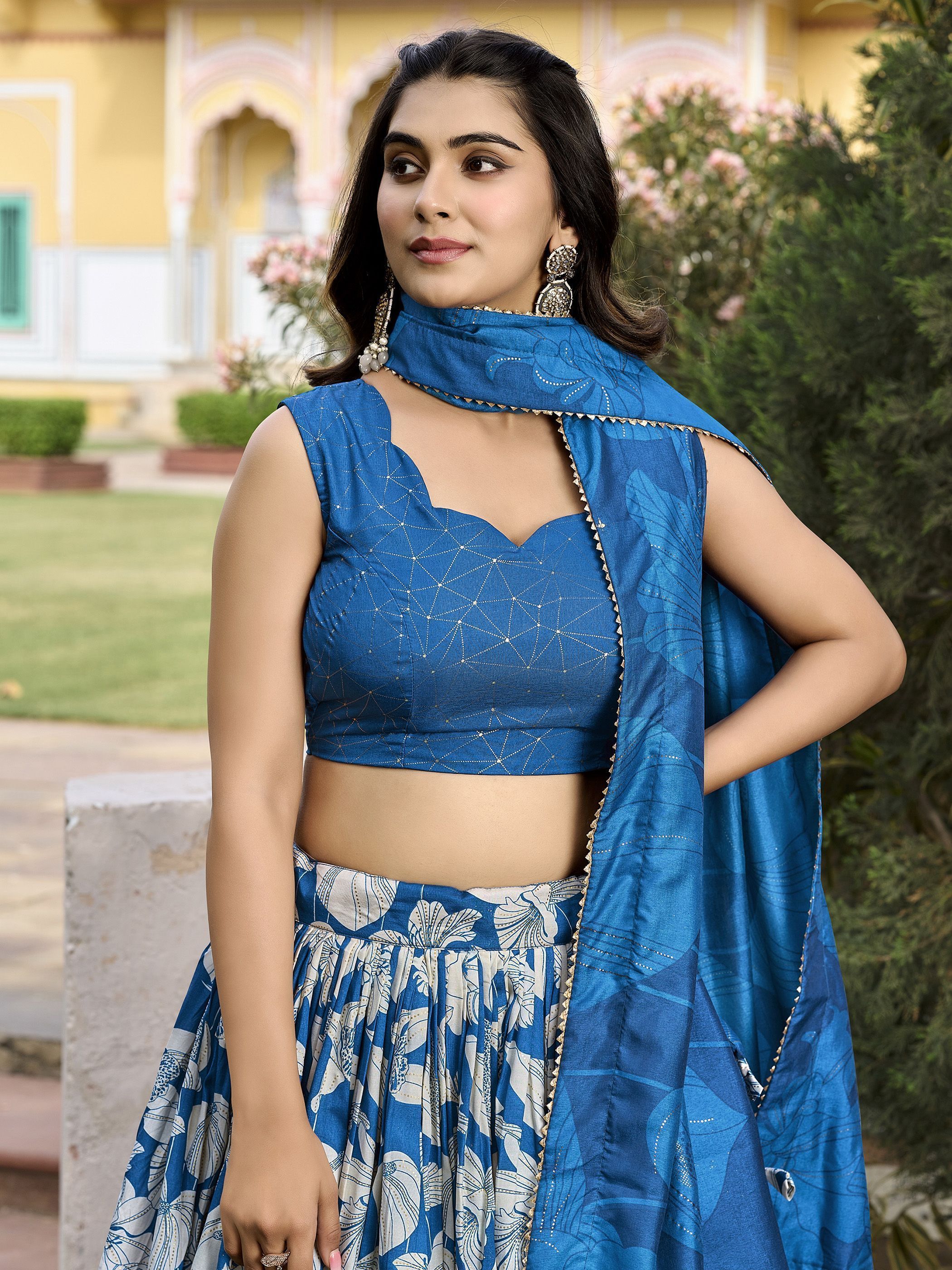 Blue Festive Wear Foil Printed Tussar Silk Lehenga Choli