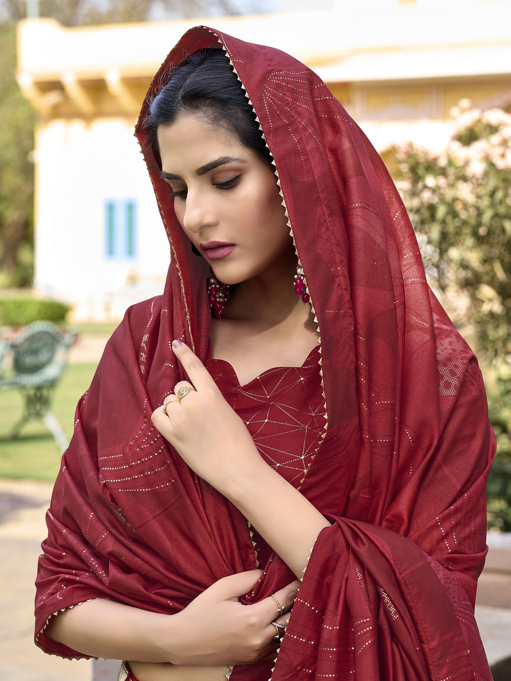 Red Festive Wear Foil Printed Tussar Silk Lehenga Choli