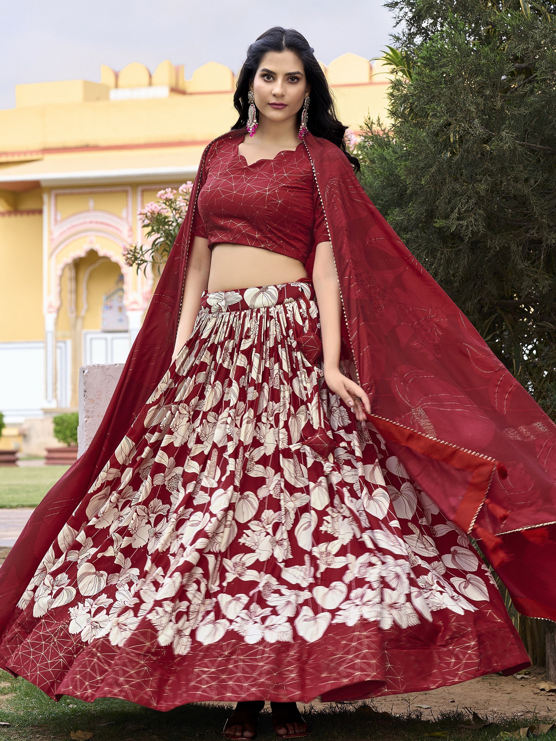 Red Festive Wear Foil Printed Tussar Silk Lehenga Choli