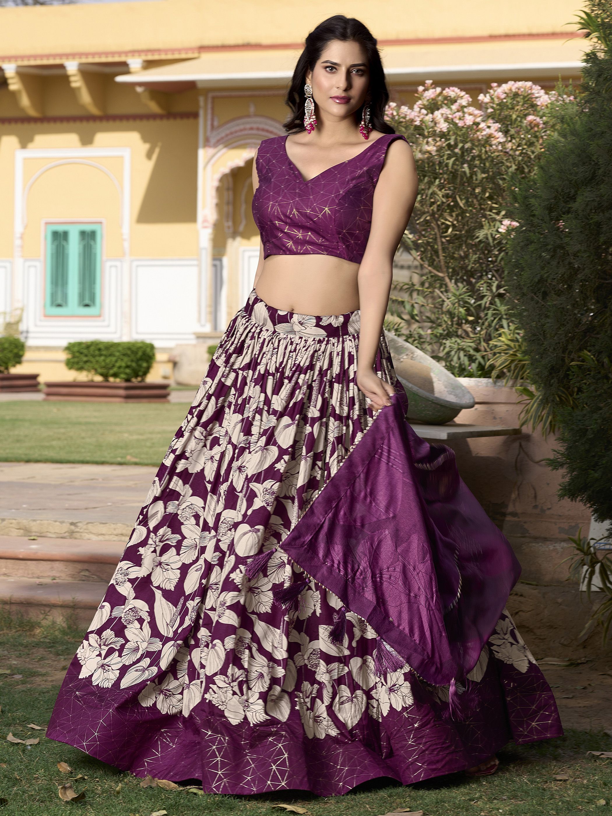 Purple Festive Wear Foil Printed Tussar Silk Lehenga Choli