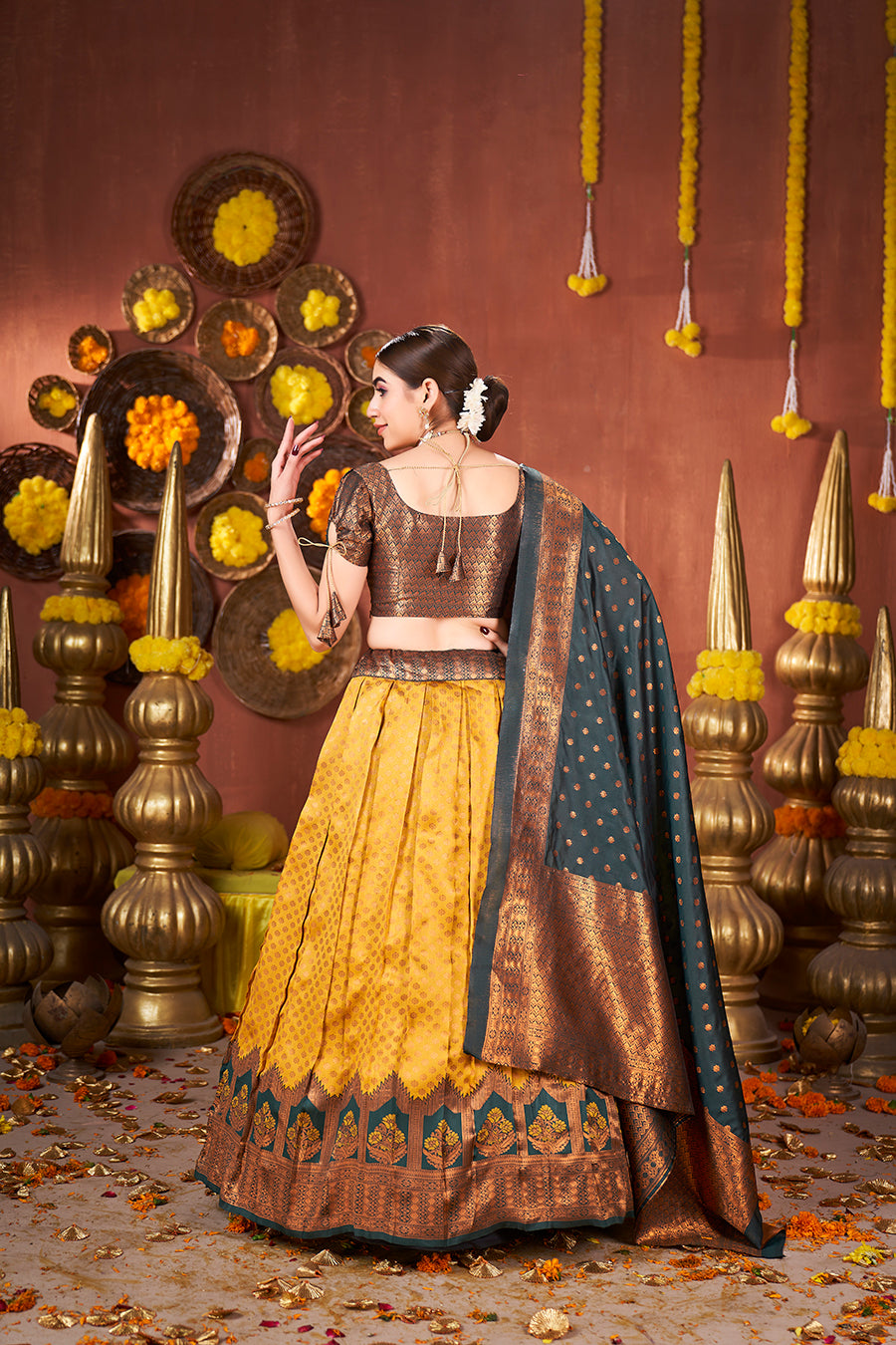 Gold Yellow & Green Banarasi Silk Half Saree Lehenga Choli