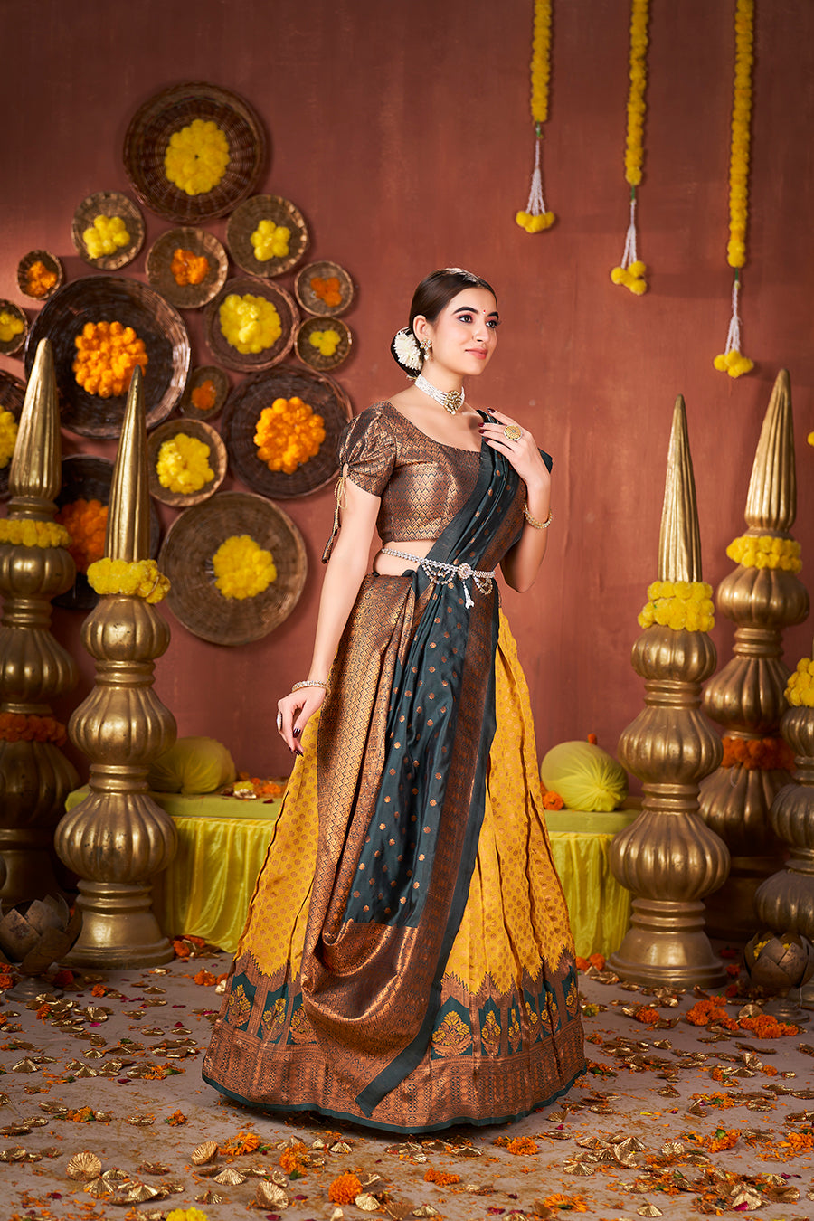 Gold Yellow & Green Banarasi Silk Half Saree Lehenga Choli