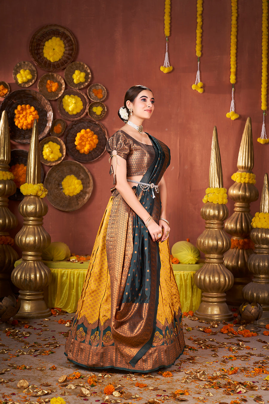 Gold Yellow & Green Banarasi Silk Half Saree Lehenga Choli