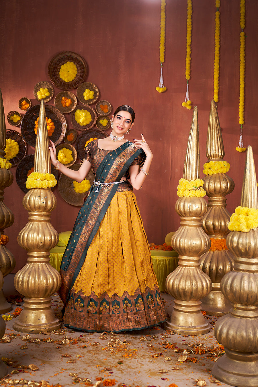 Gold Yellow & Green Banarasi Silk Half Saree Lehenga Choli