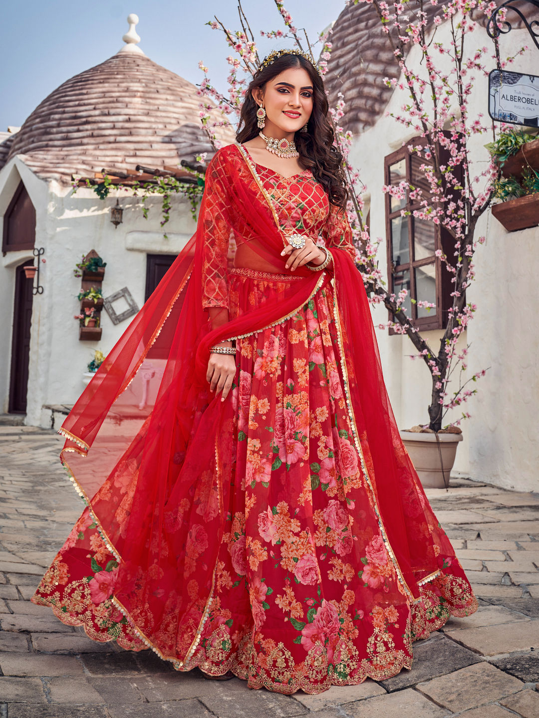 Red Floral Printed Blended Silk Lehenga Choli