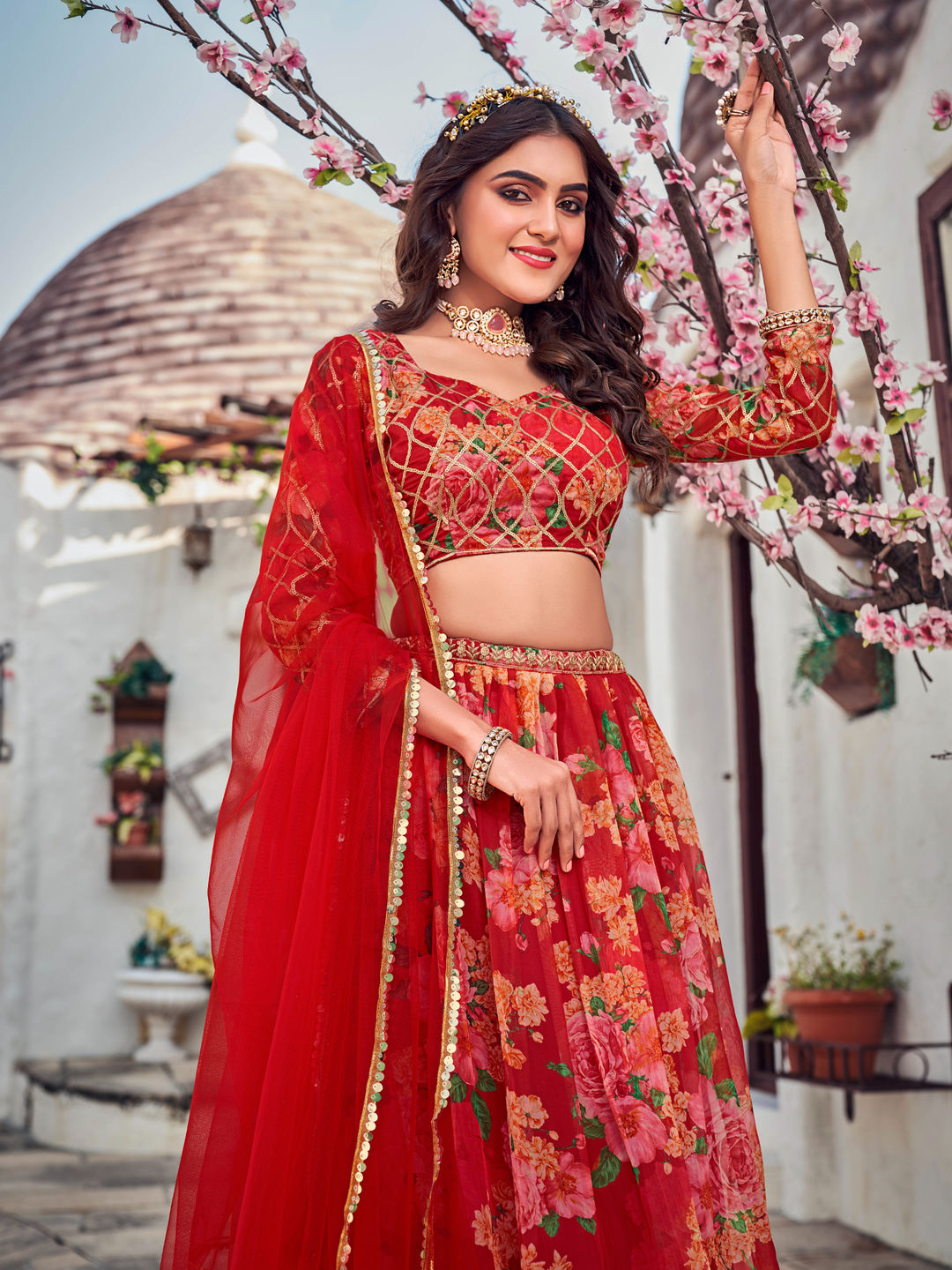 Red Floral Printed Blended Silk Lehenga Choli