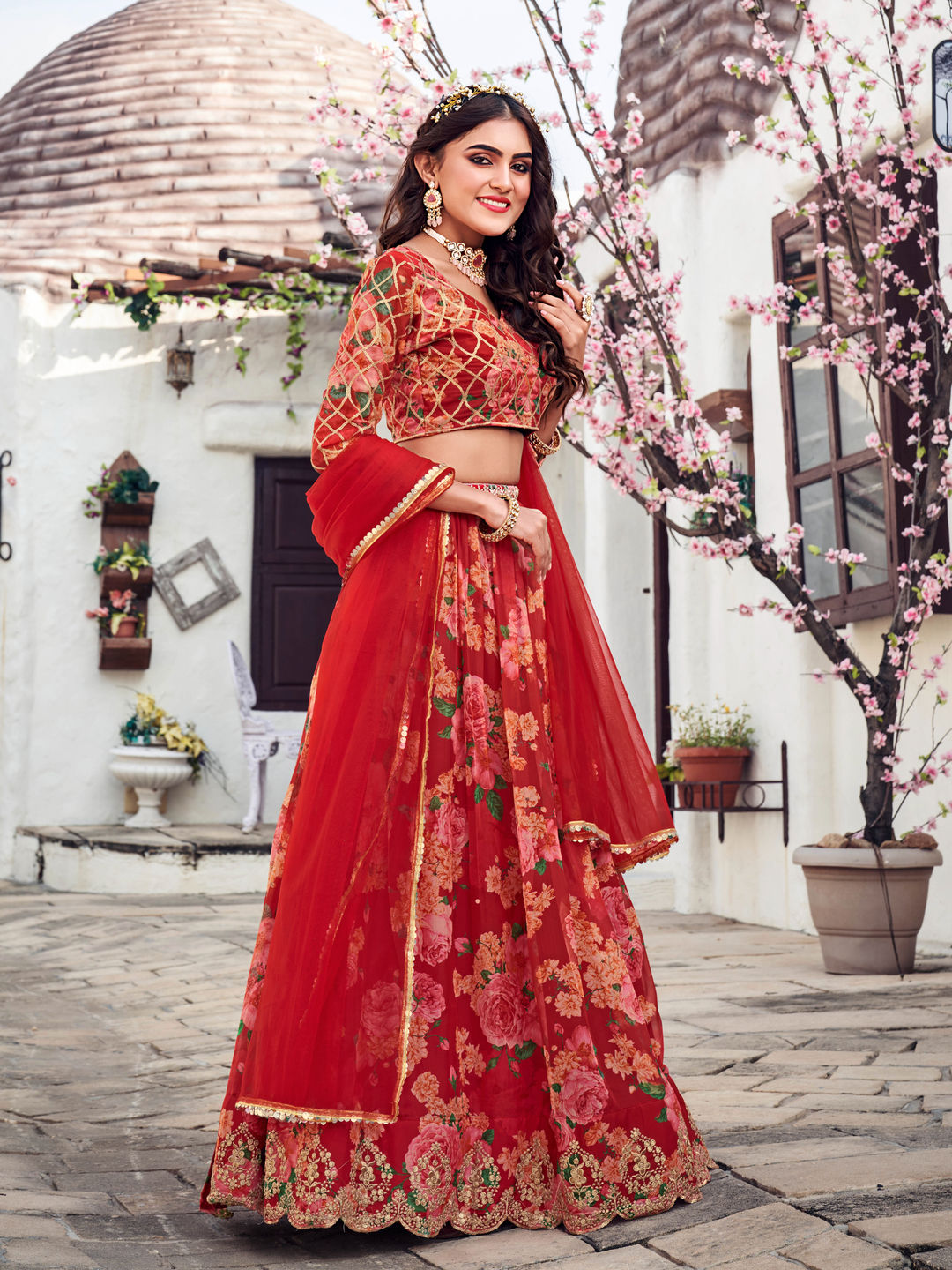 Red Floral Printed Blended Silk Lehenga Choli