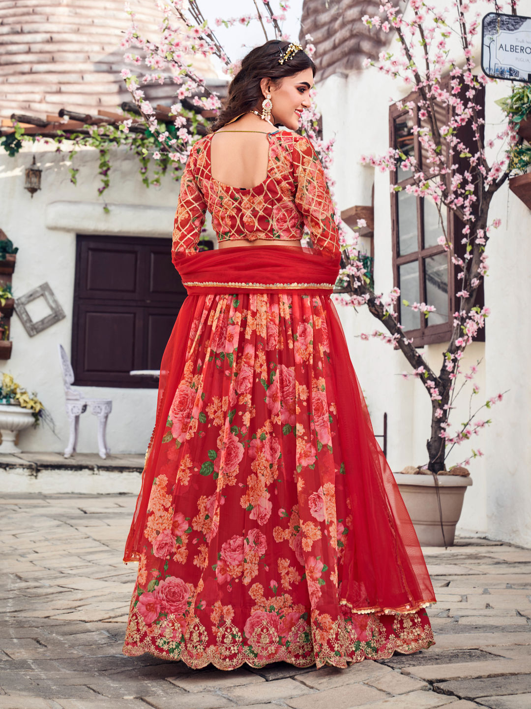 Red Floral Printed Blended Silk Lehenga Choli