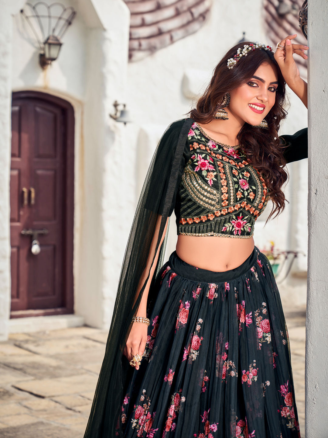 Black Floral Printed Blended Silk Lehenga Choli