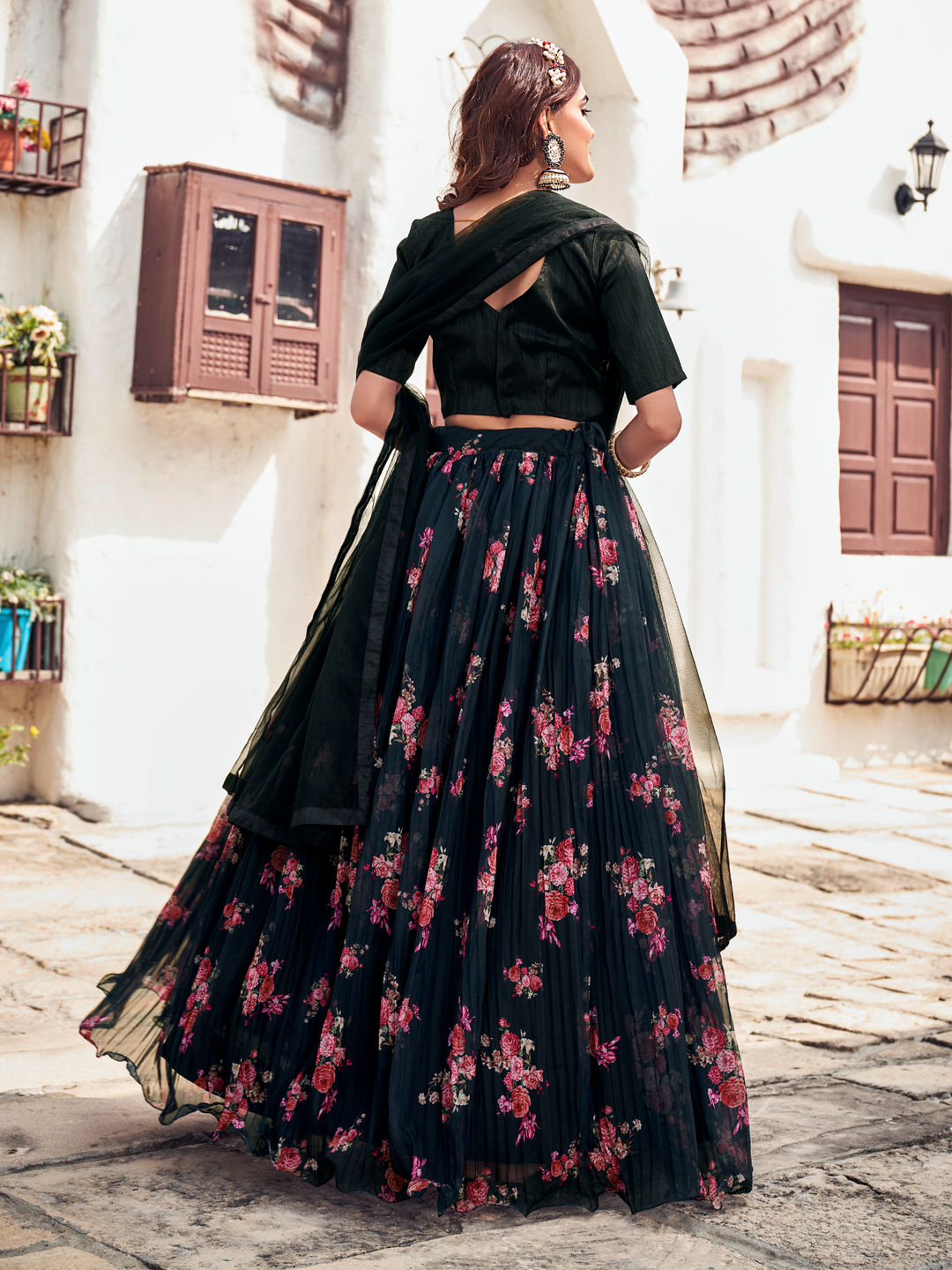 Black Floral Printed Blended Silk Lehenga Choli