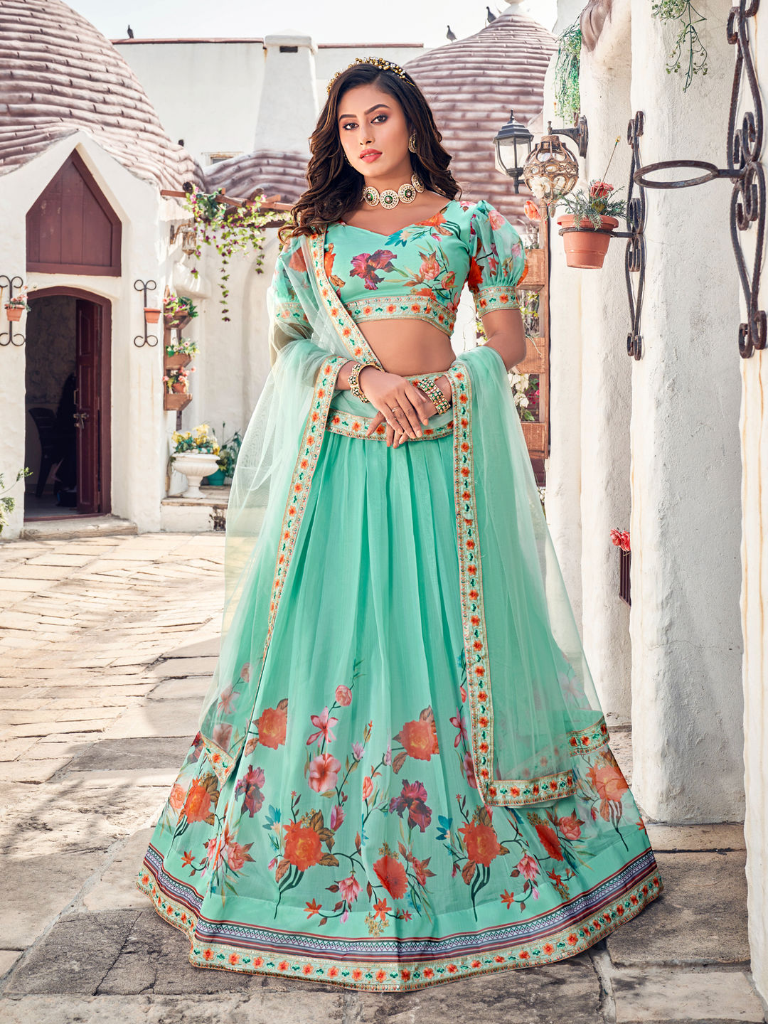 Aqua Green Floral Printed Blended Silk Lehenga Choli