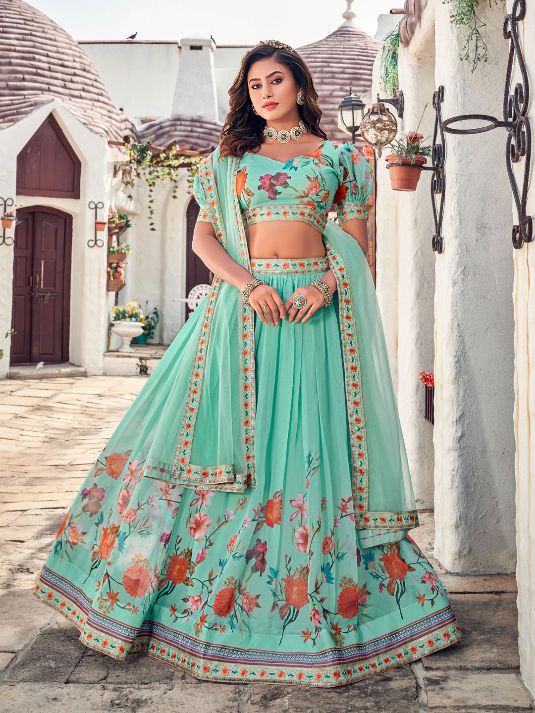 Aqua Green Floral Printed Blended Silk Lehenga Choli