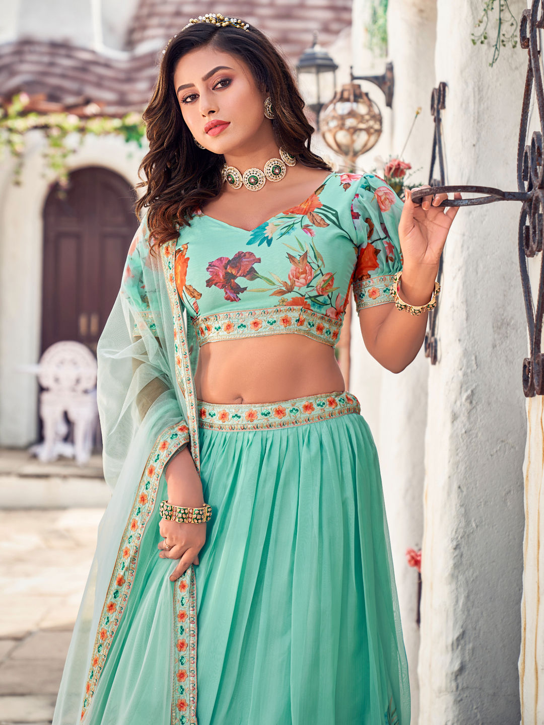 Aqua Green Floral Printed Blended Silk Lehenga Choli