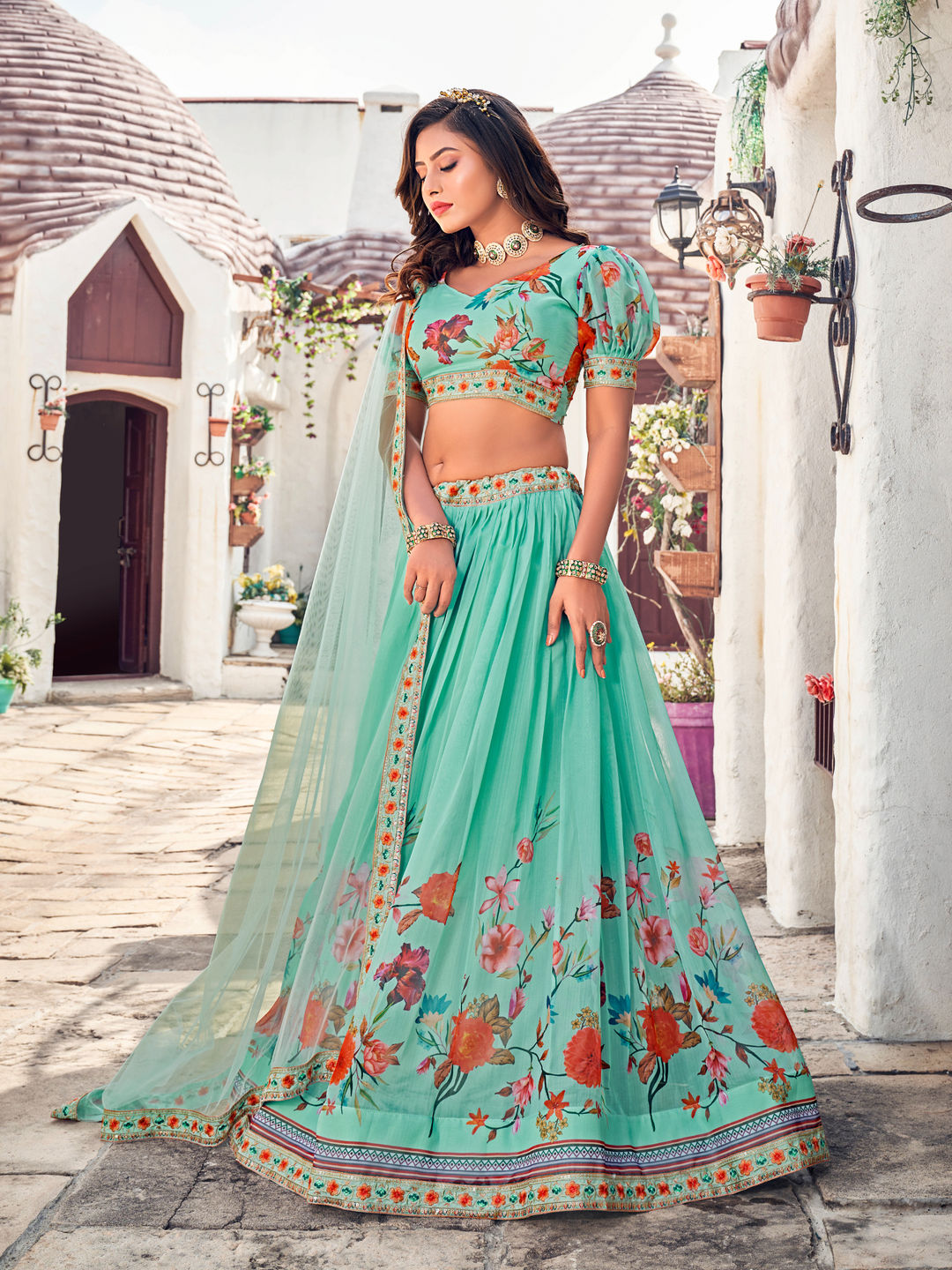 Aqua Green Floral Printed Blended Silk Lehenga Choli