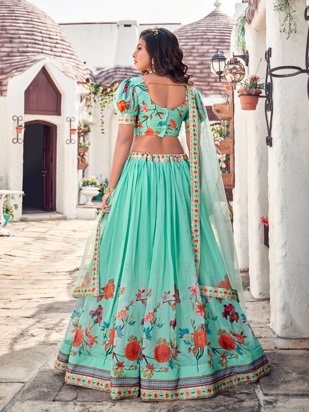 Aqua Green Floral Printed Blended Silk Lehenga Choli