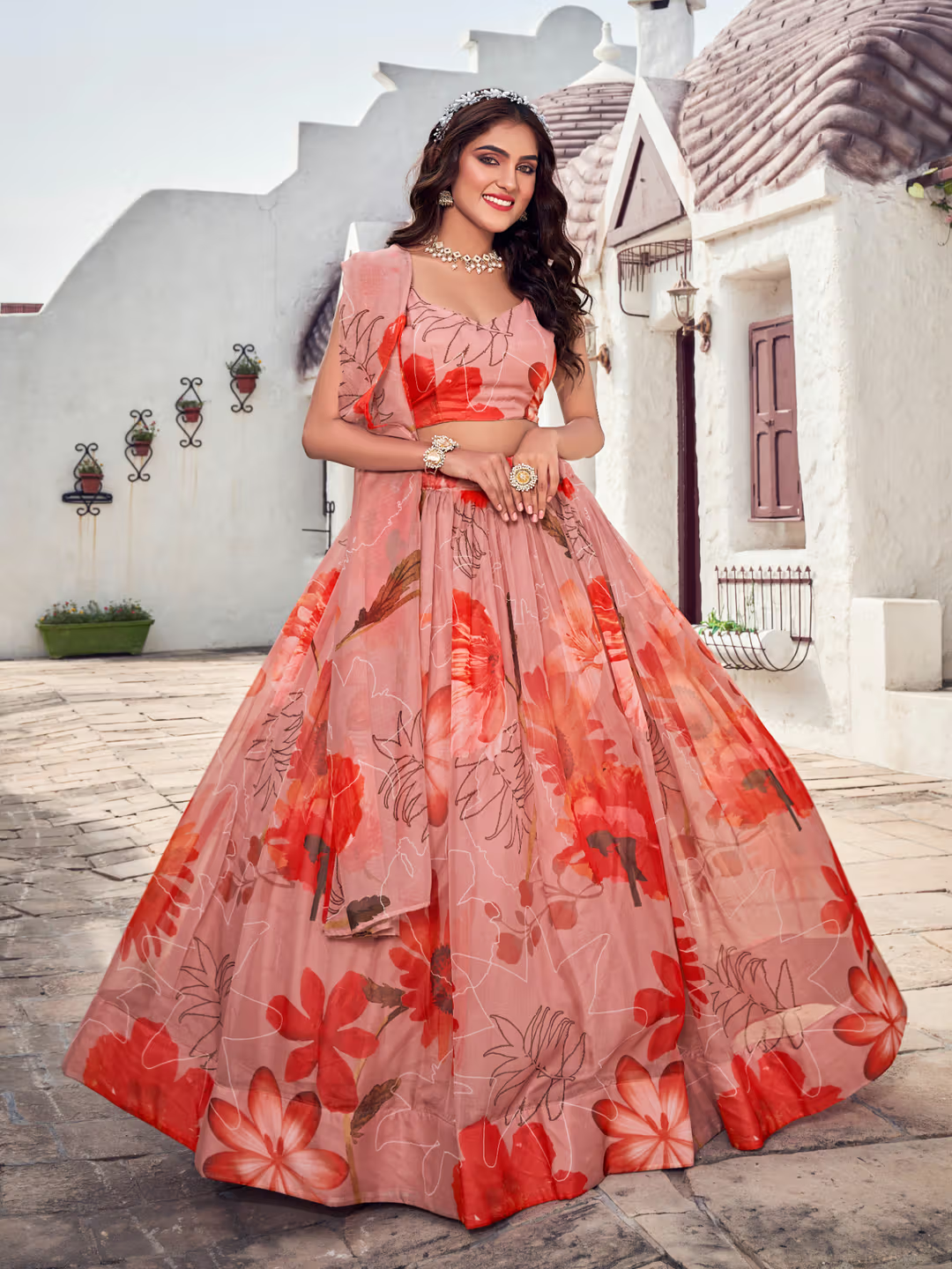 Peach Floral Printed Blended Silk Lehenga Choli