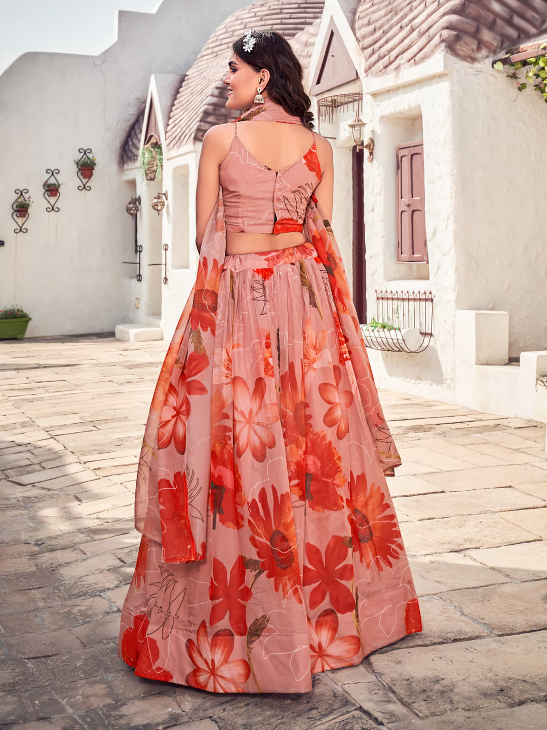 Peach Floral Printed Blended Silk Lehenga Choli