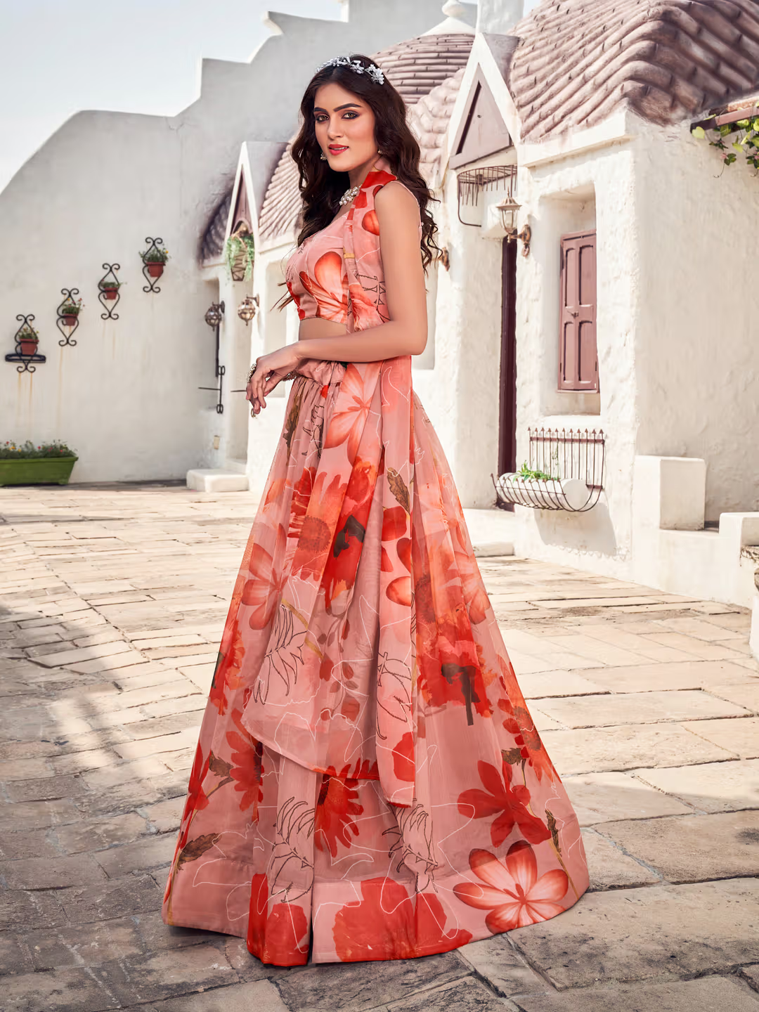 Peach Floral Printed Blended Silk Lehenga Choli