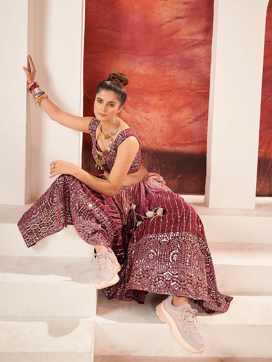 Maroon Navratri Special Chinon Silk Embroidered Lehenga Choli